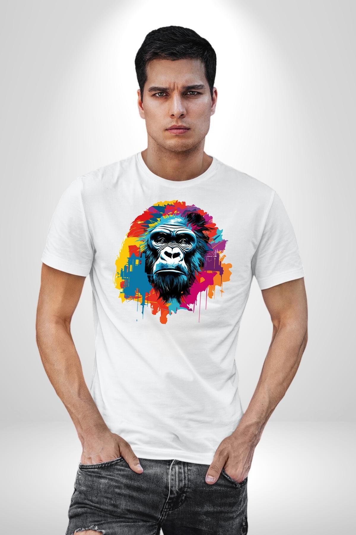 Angemiel-Tricou organic alb cu model Monkey Gorilla - Bumbac pieptănat unisex, de înaltă calitate 6