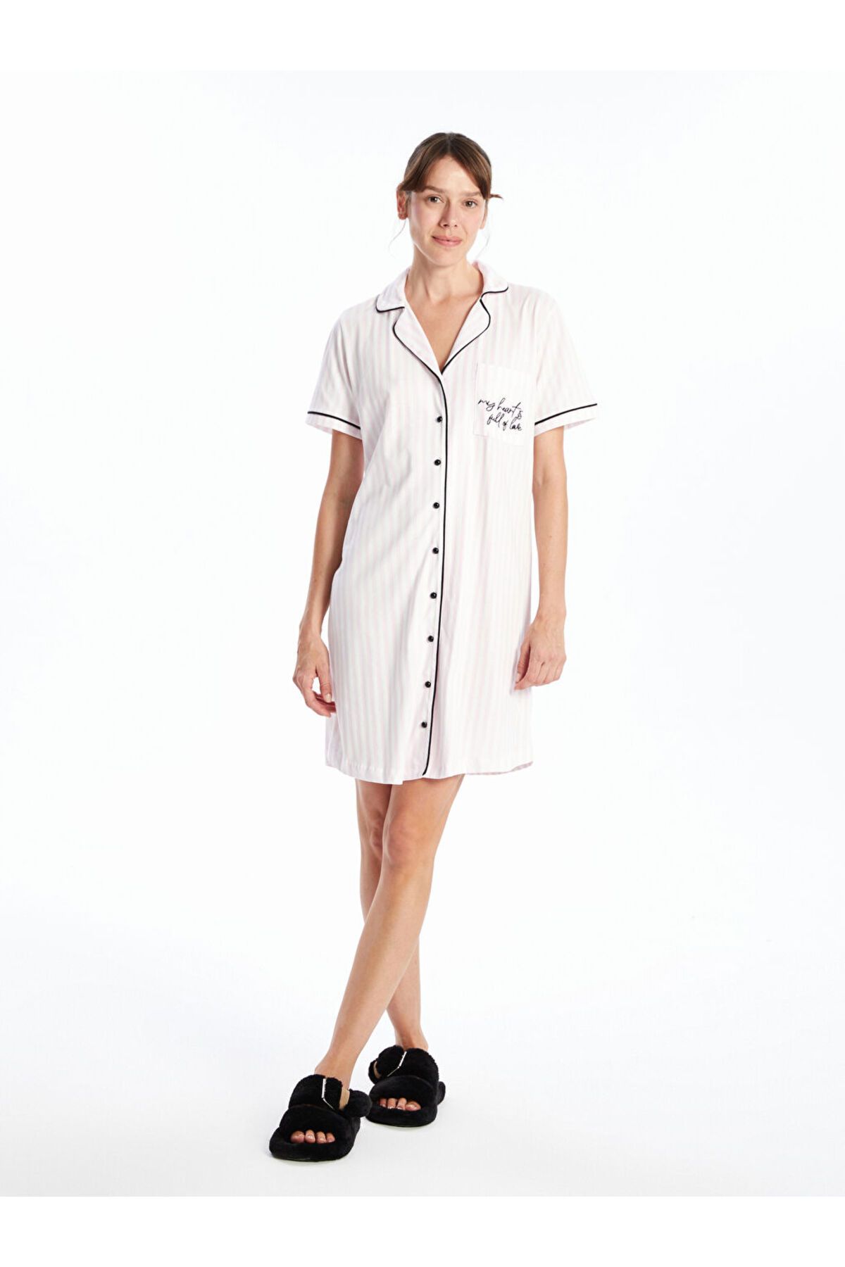 LC Waikiki-Lcw Dream Ecru Shirt Collar Embroidered Women's Nightgown 2