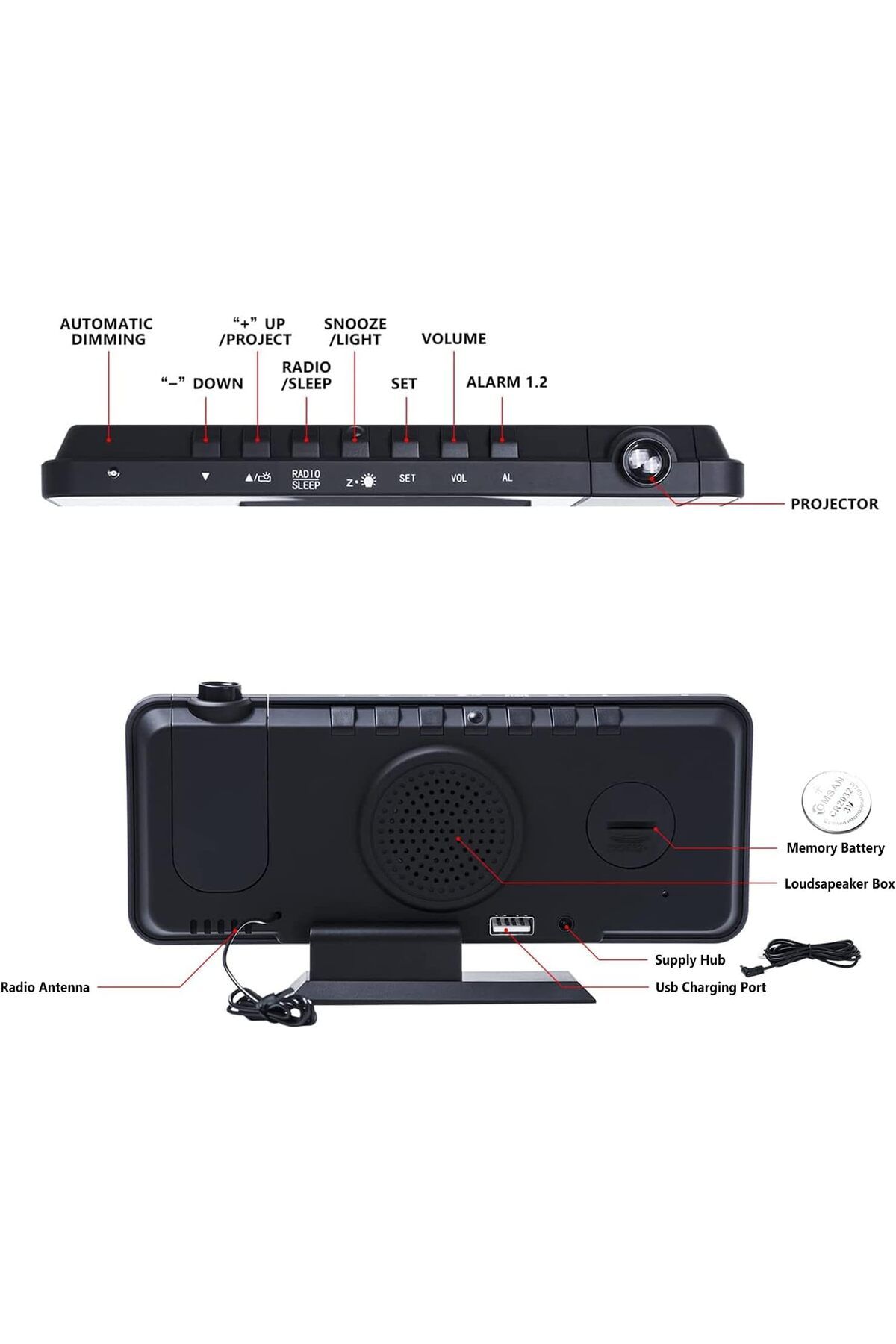 COOYA-Digital Ceiling Projection Alarm Clock,with USB Charger,Port Temperature & Humidity Display,Snooze 3