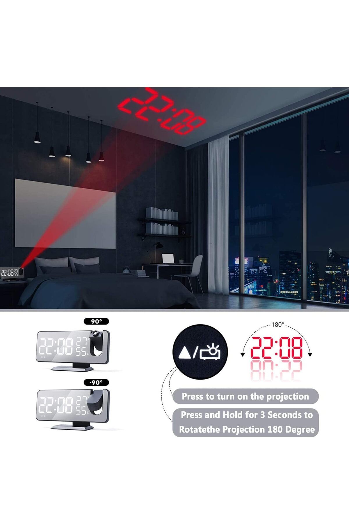 COOYA-Digital Ceiling Projection Alarm Clock,with USB Charger,Port Temperature & Humidity Display,Snooze 5