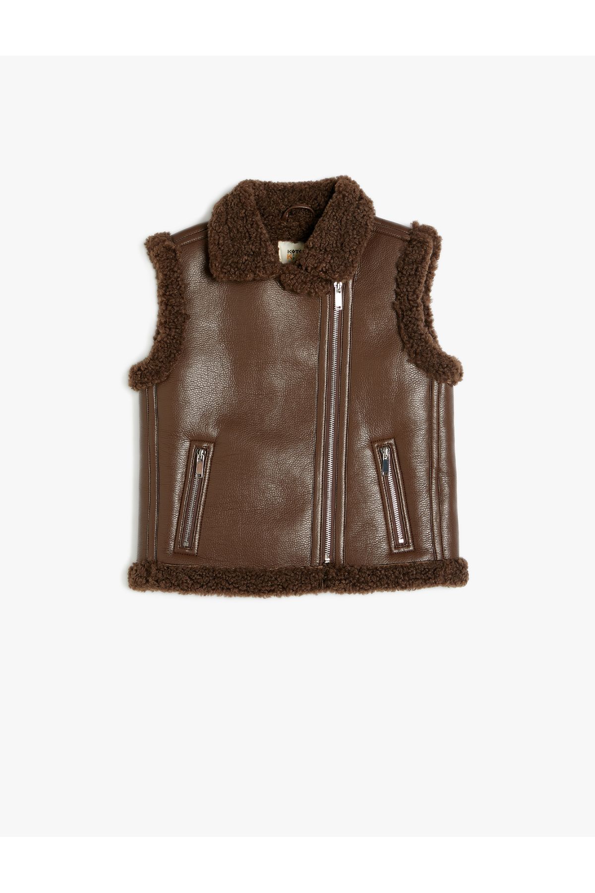 Koton-Plush Detailed Zippered Faux Leather Vest 3