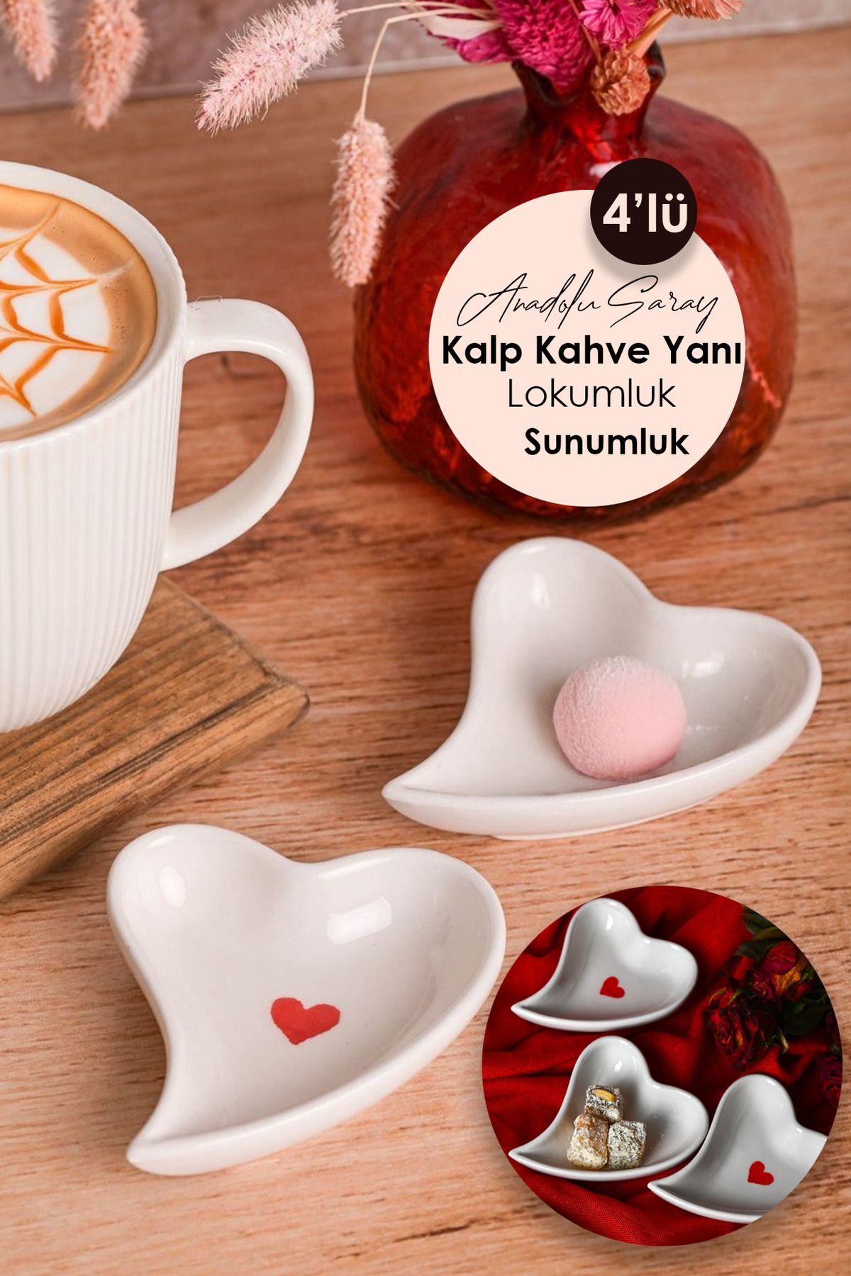 Anadolu Saray-Set of 4 Handmade Ceramic Heart Design Coffee Side Turkish Delight Bowl and Jam Presentation Dish Decorative Plate 1