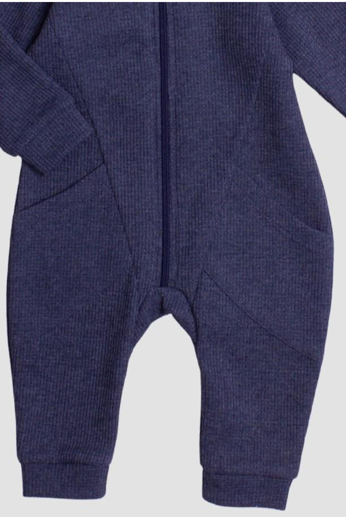 Chicsy Baby Waffle Görselli Tatlı Fermuar Kapamalı Cepli Kapüşonlu Pamuklu Bebek Tulum fotoğrafı 3 (önizleme)