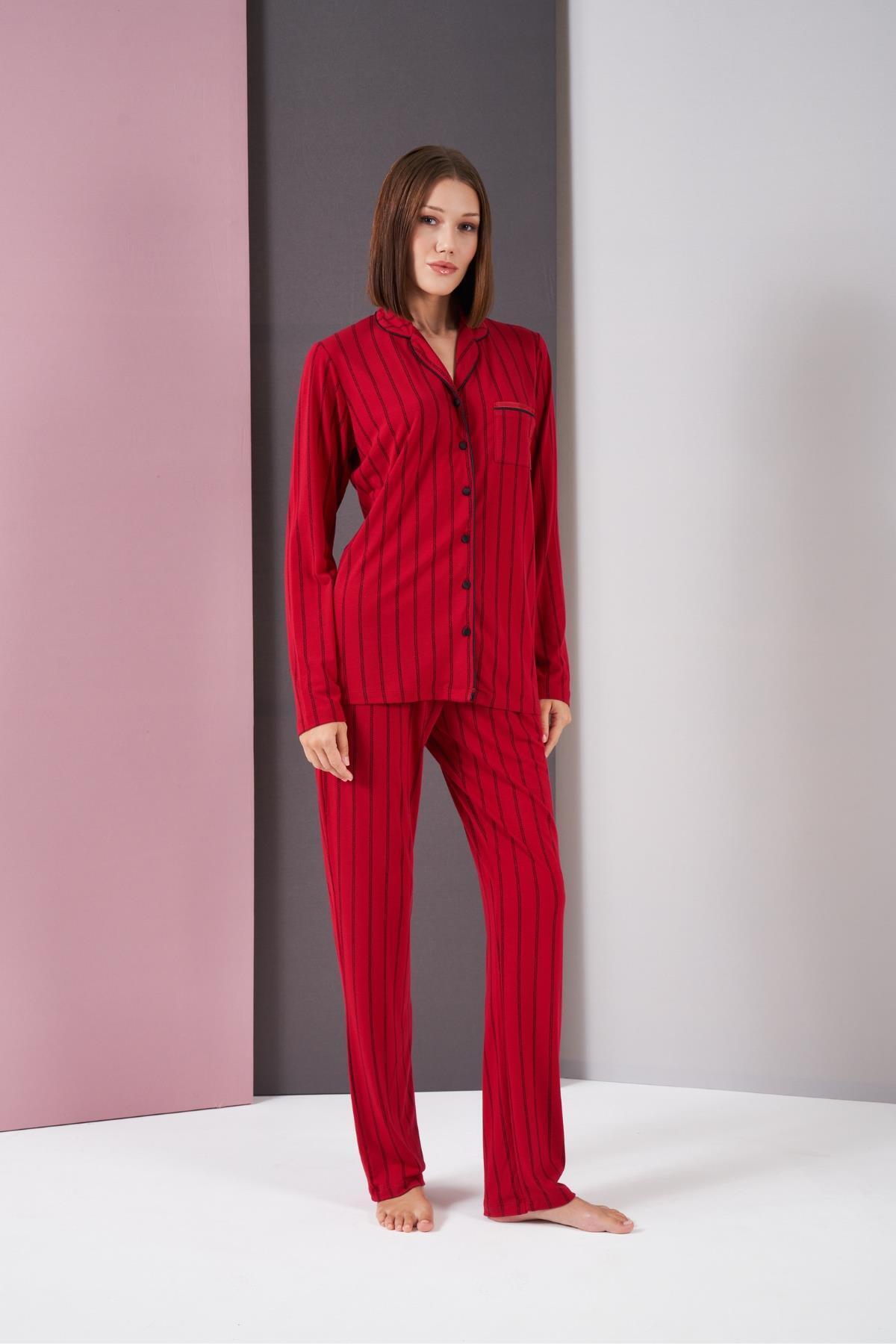PJS-Women's Buttoned Houndstooth Striped Long Sleeve Pajama Set 3