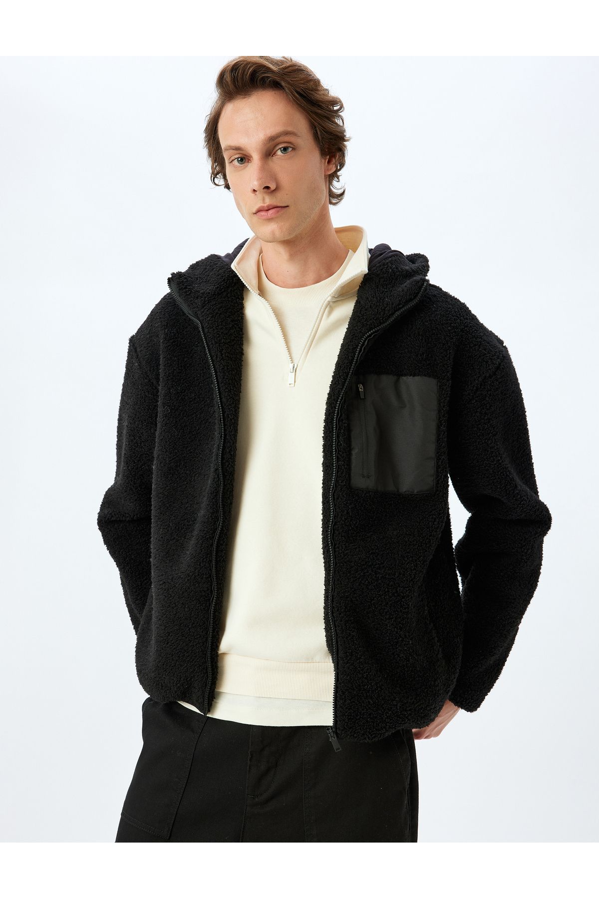 Koton-Hooded Plush Jacket with Zippered Pocket Detail 3