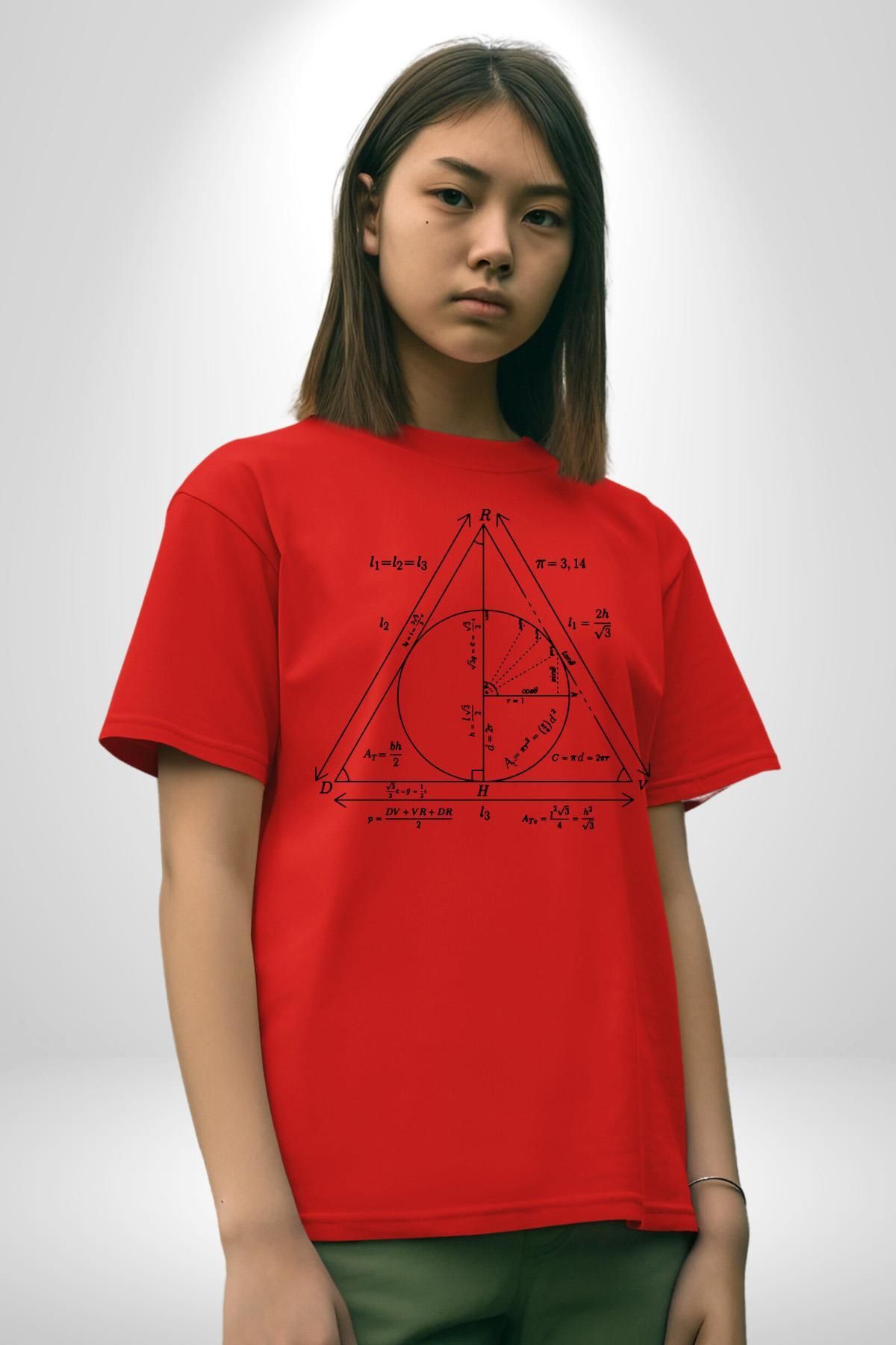 Angemiel-Pythagoras Circle Digital Printed Cotton Oversize Red Men's and Women's Boyfriend T-Shirt - Crew Neck 4
