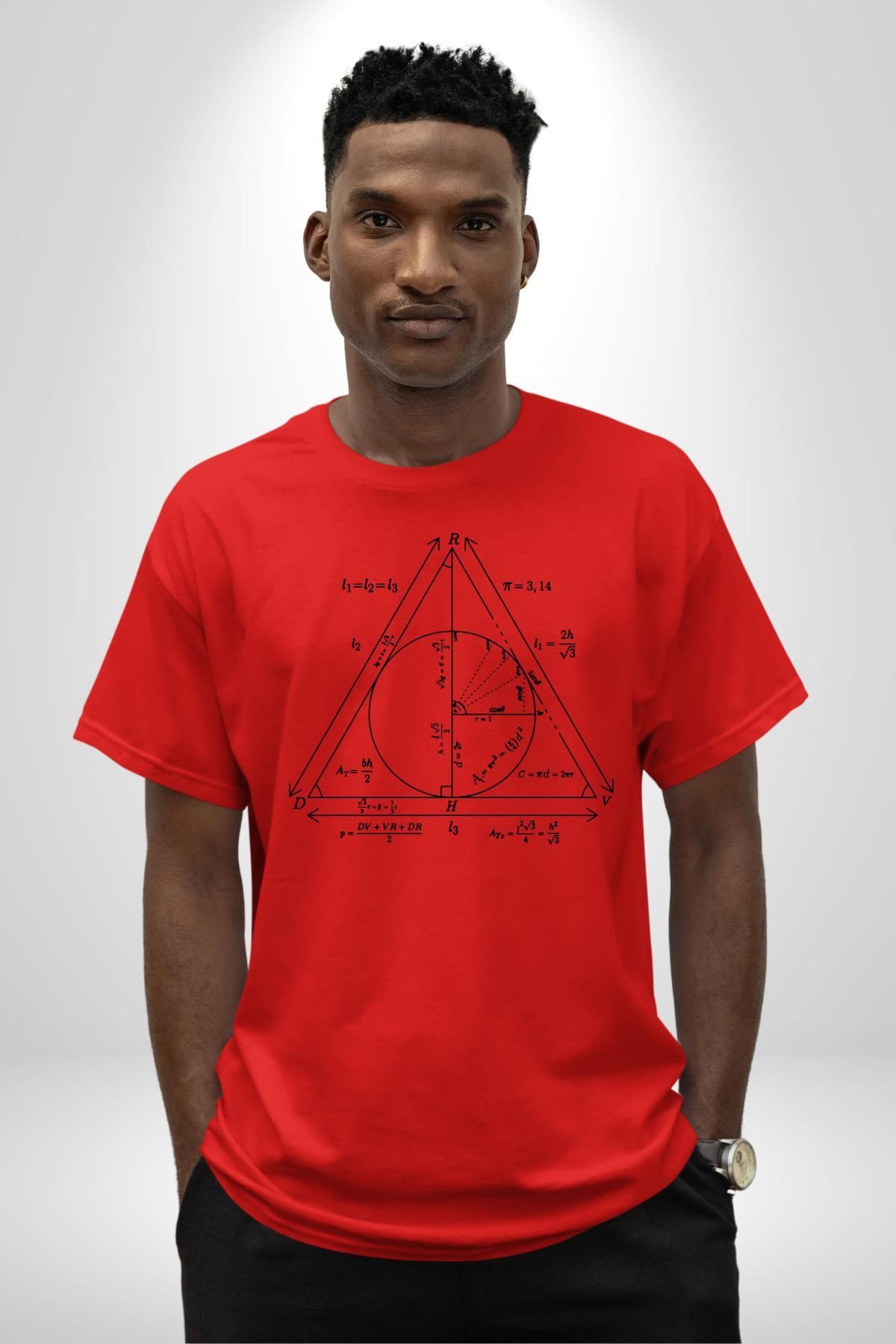 Angemiel-Pythagoras Circle Digital Printed Cotton Oversize Red Men's and Women's Boyfriend T-Shirt - Crew Neck 3