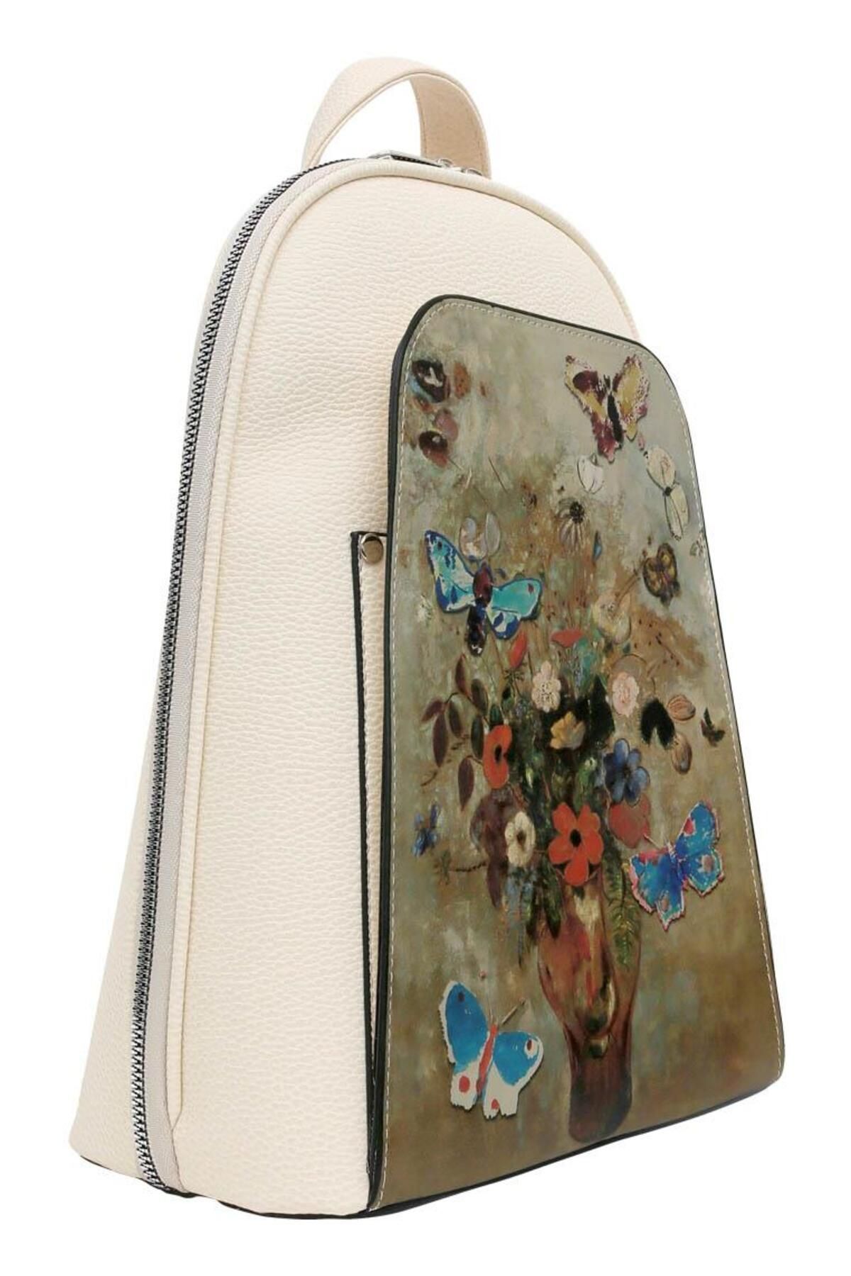 Dogo-Cream Colored Vegan Leather Women's Backpack - Still Life Butterflies Design 2