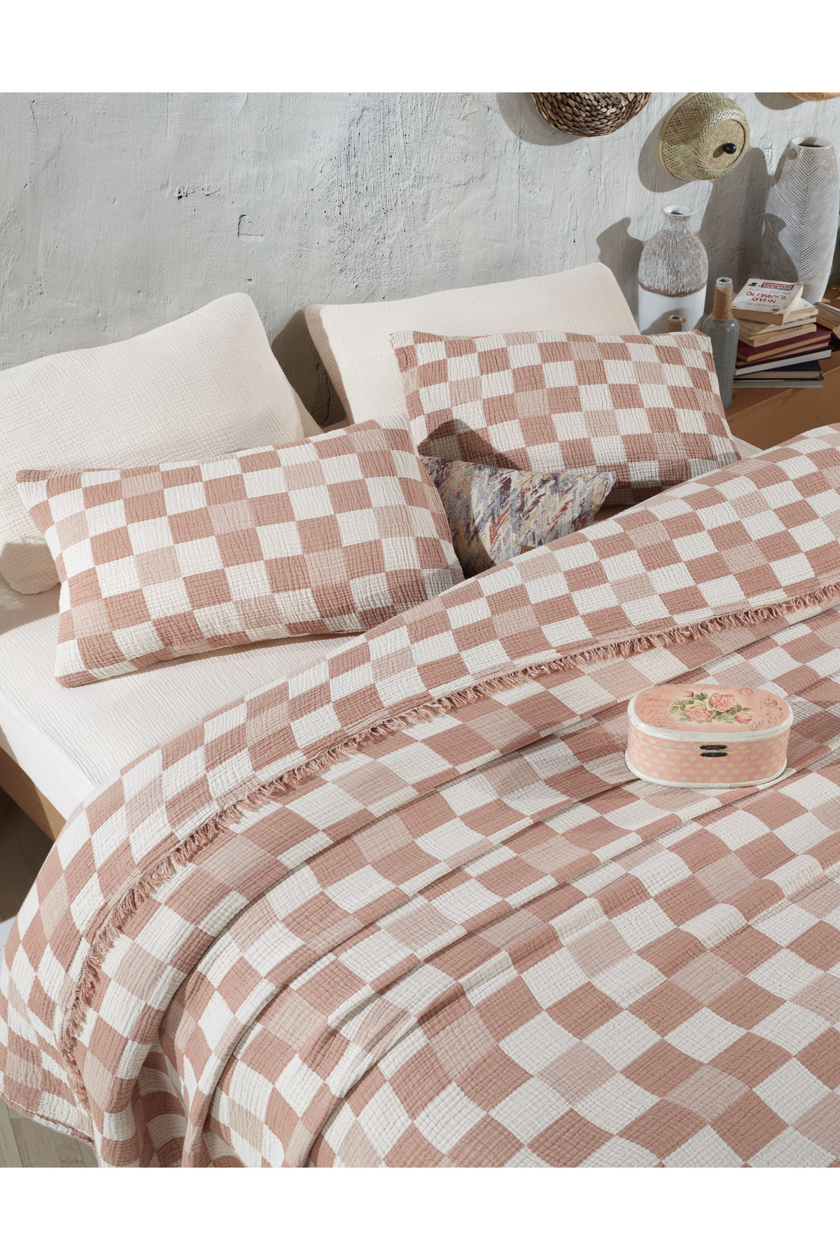 destinyhometex-Checkered Pattern 4 Layer Multi Muslin 100% Cotton Single Bedspread 160X240Cm 2