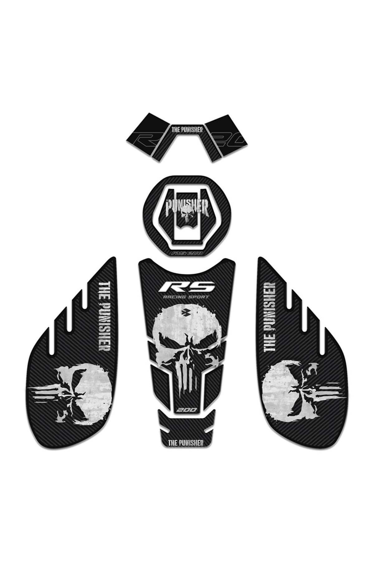 Redline Grafik Bajaj Pulsar Rs 200 Siyah Karbon Punisher Edition Gidonlu Tank Pad Set