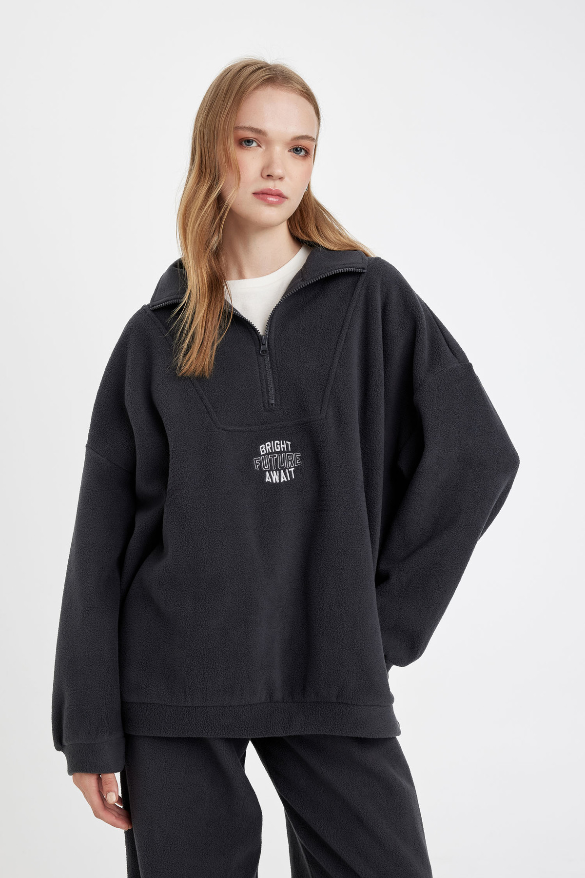 DeFacto-Übergroßes, geripptes, besticktes Fleece-Sweatshirt mit Reißverschluss und Stehkragen 2
