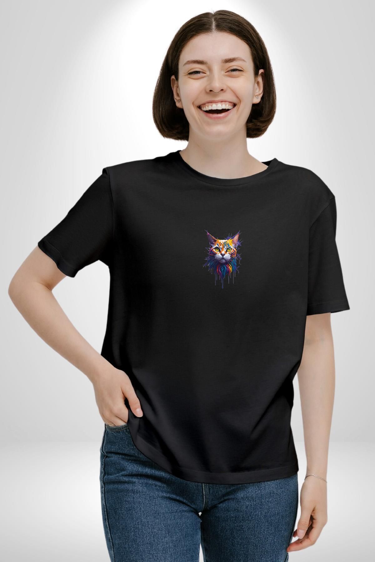 Angemiel-Lightning Rain Cat Μαύρο Oversize Γυναικείο Ανδρικό Μπλουζάκι με μεσαίο εμπριμέ μπλουζάκι 2