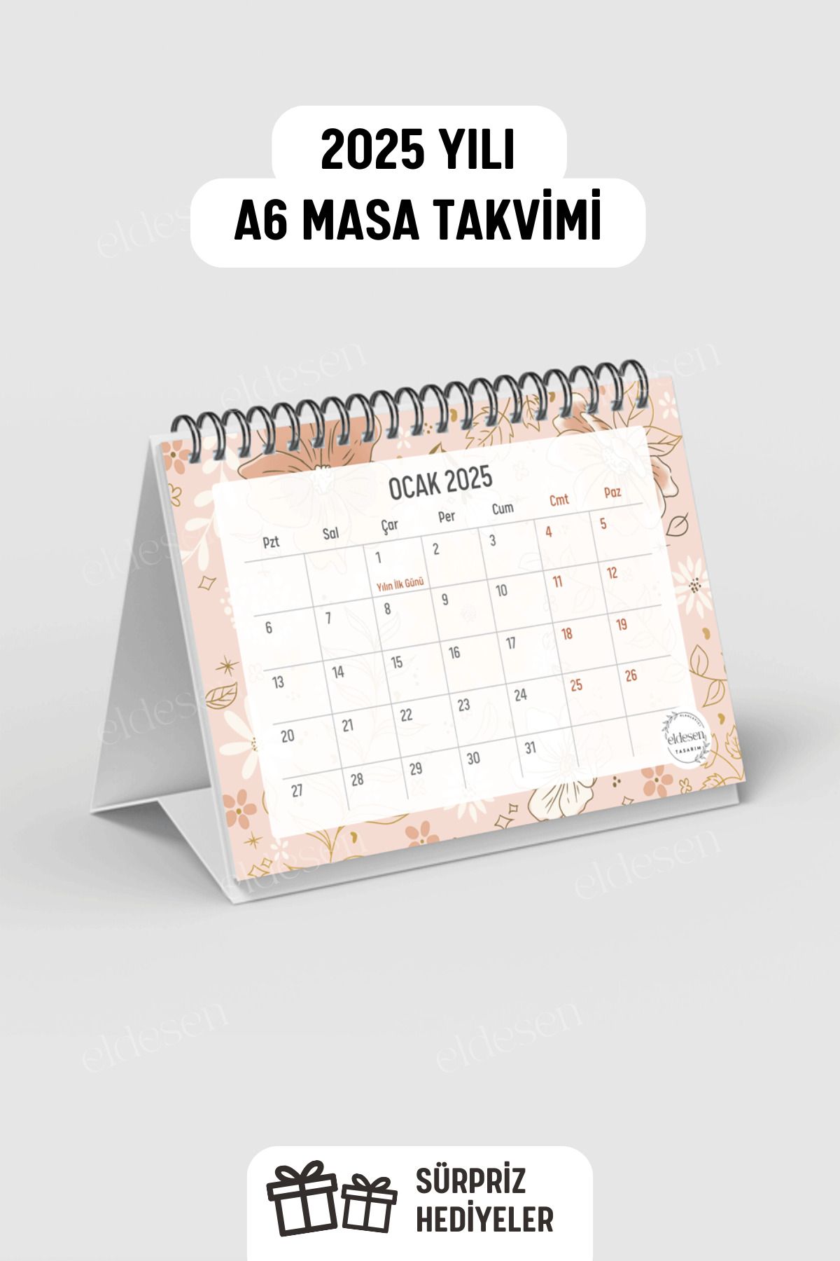 Eldesen Tasarım Yıllık Ve Aylık 2025 Masa Takvimi Spiralli A6 (15X12CM) Orta Boy / Resmi Tatiller Ve Hafta Sonları