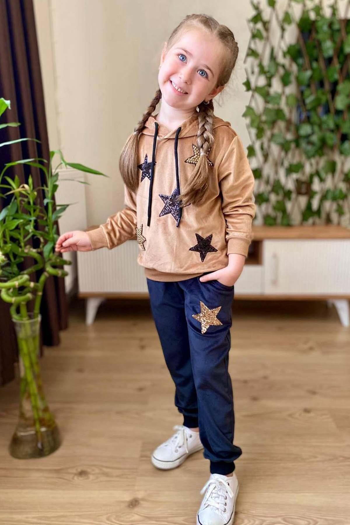 Riccotarz-Sequin Star Print Velvet Sweatshirt and Mustard Sweatpants Set for Girl 1