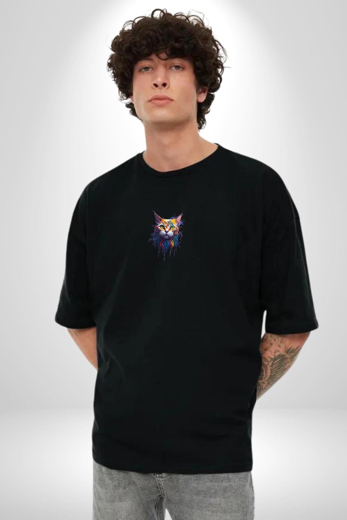 Angemiel-Lightning Rain Cat Μαύρο Oversize Γυναικείο Ανδρικό Μπλουζάκι με μεσαίο εμπριμέ μπλουζάκι 4