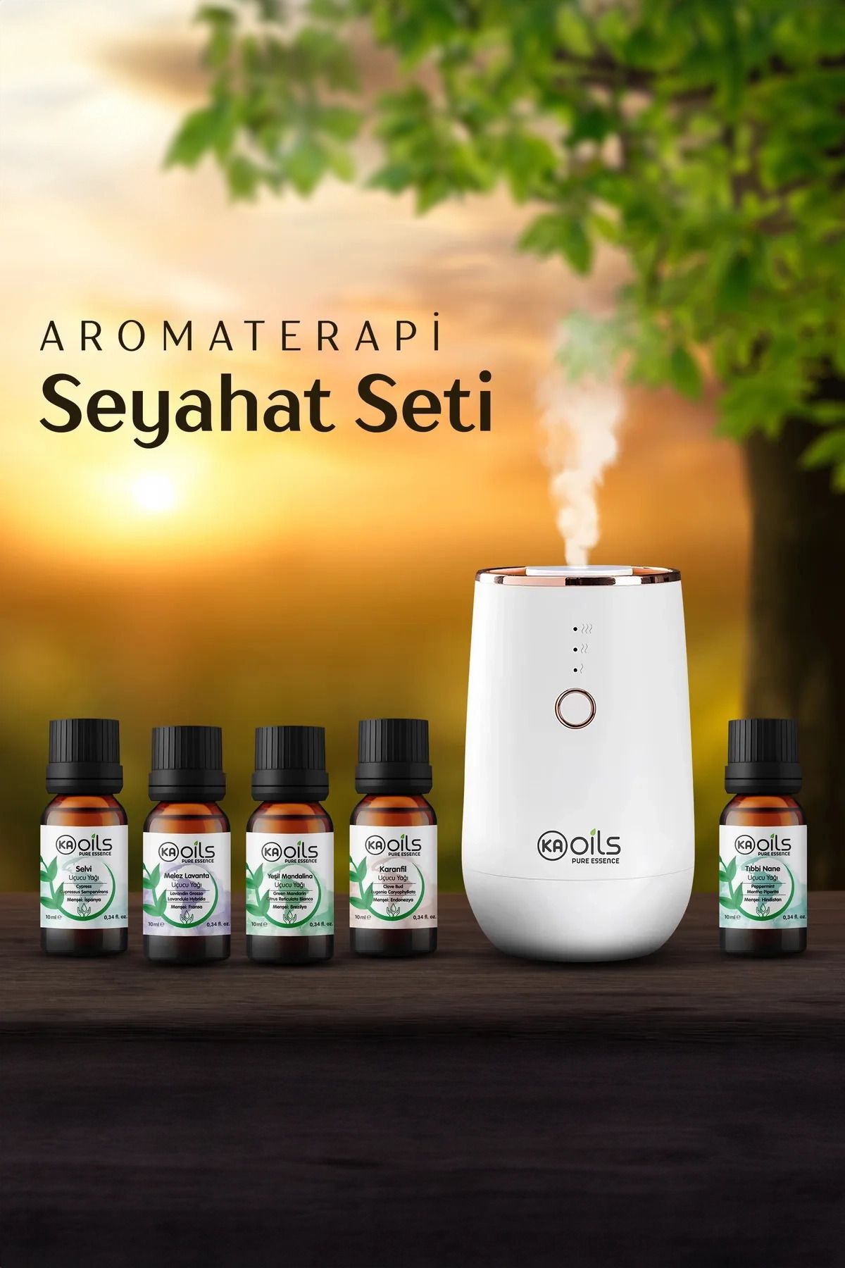 KAOils Pure Essence Aromaterapi Seyahat Seti - 5 Saf Uçucu Yağ Taşınabilir Susuz Difüzör | Enerji Dengeleme, Rahatlama