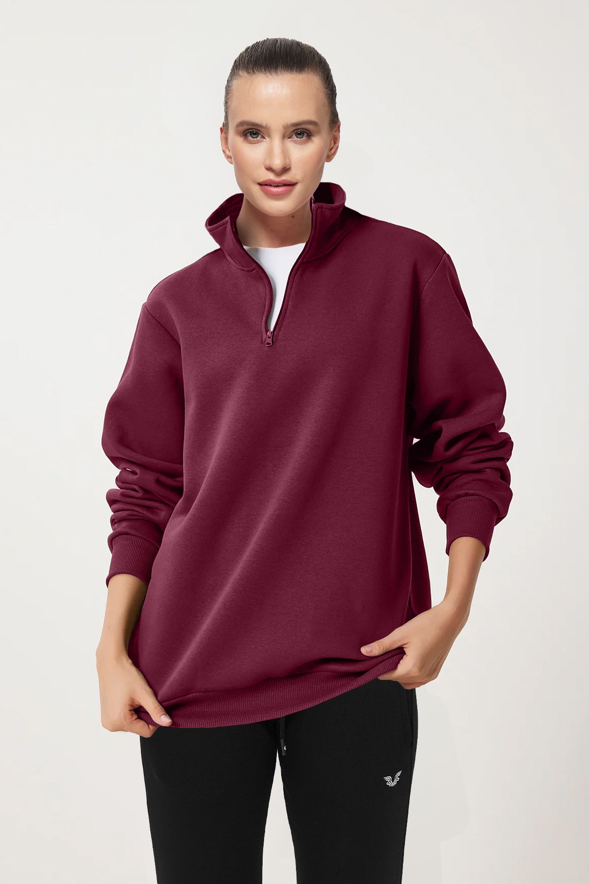 bilcee-Peak Women's Burgundy Oversize Half Zippered Stand Collar Sweatshirt 7012 1