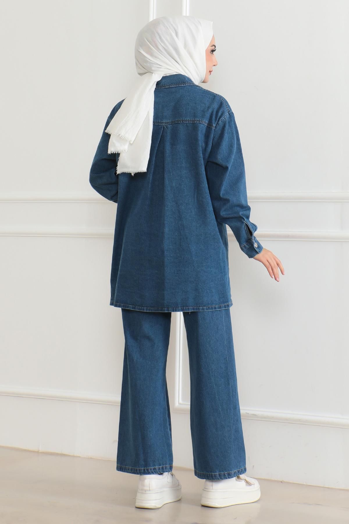 Modamihram-Buttoned Jeans Suit with Stone Detail Open Jeans 19285 4