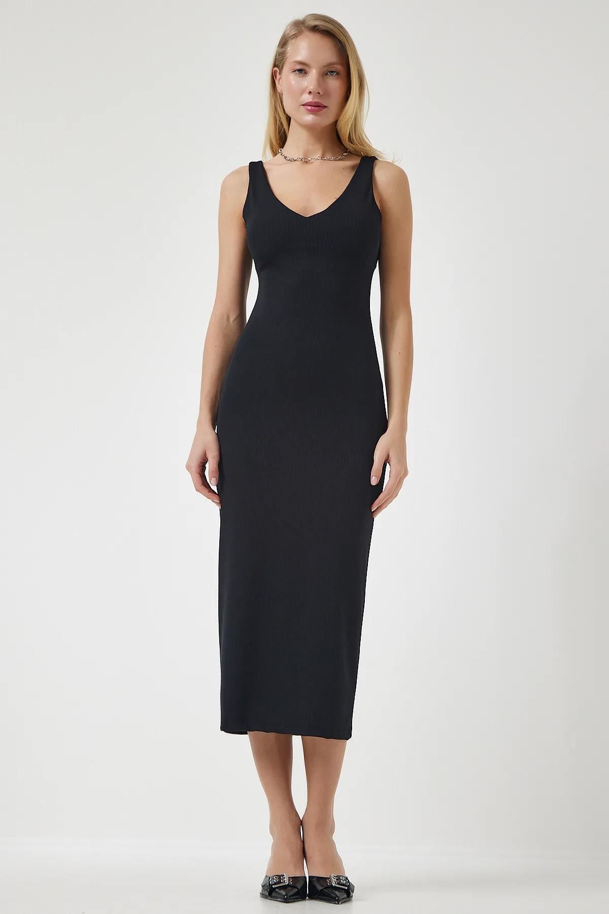 TENA-Women's Black V-Neck Dress - Front and Back Design 3