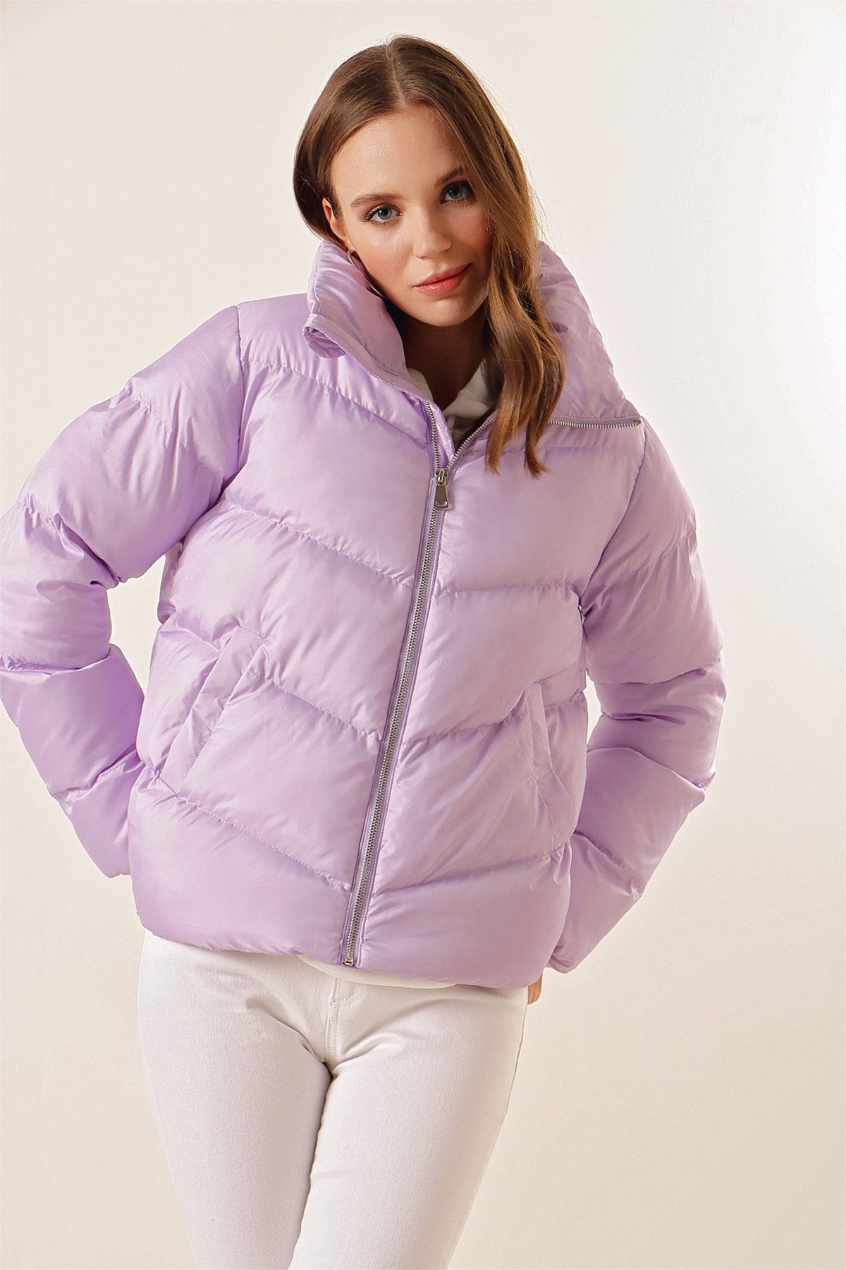 Bigdart-5205 Stand Collar Zippered Puffer Jacket - Lilac 4