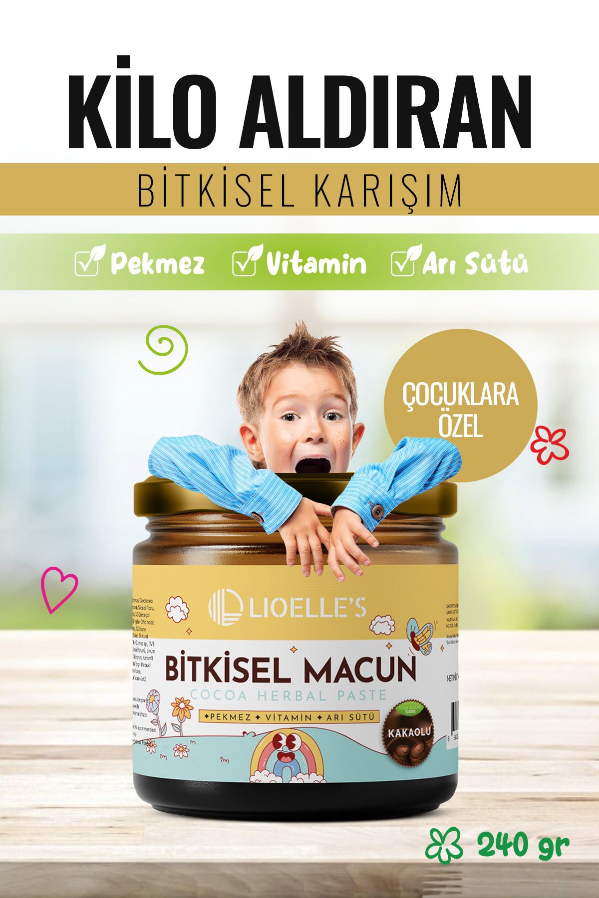 Lioelles Kids Çocuklar Için Özel Kakaolu, Arı Sütlü, Vitaminli,  Macun