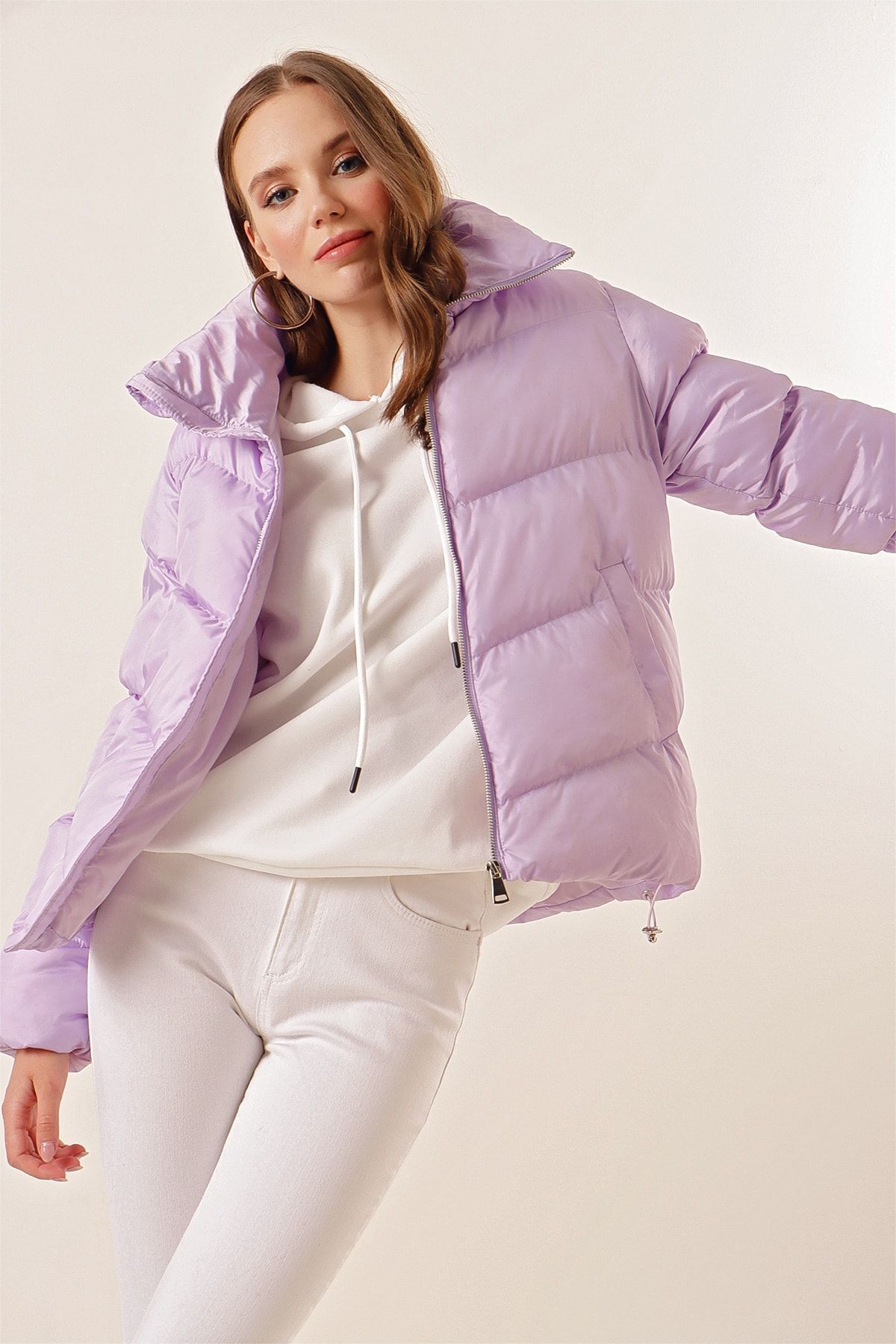 Bigdart-5205 Stand Collar Zippered Puffer Jacket - Lilac 3