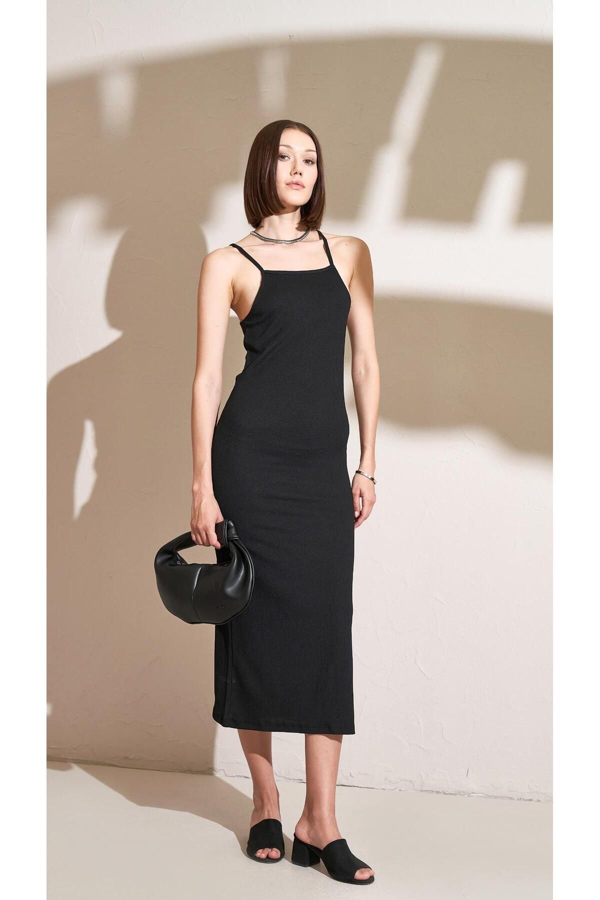 TENA-Women's Black Rope Strap Rushel Fabric Dress with Side Slits 3