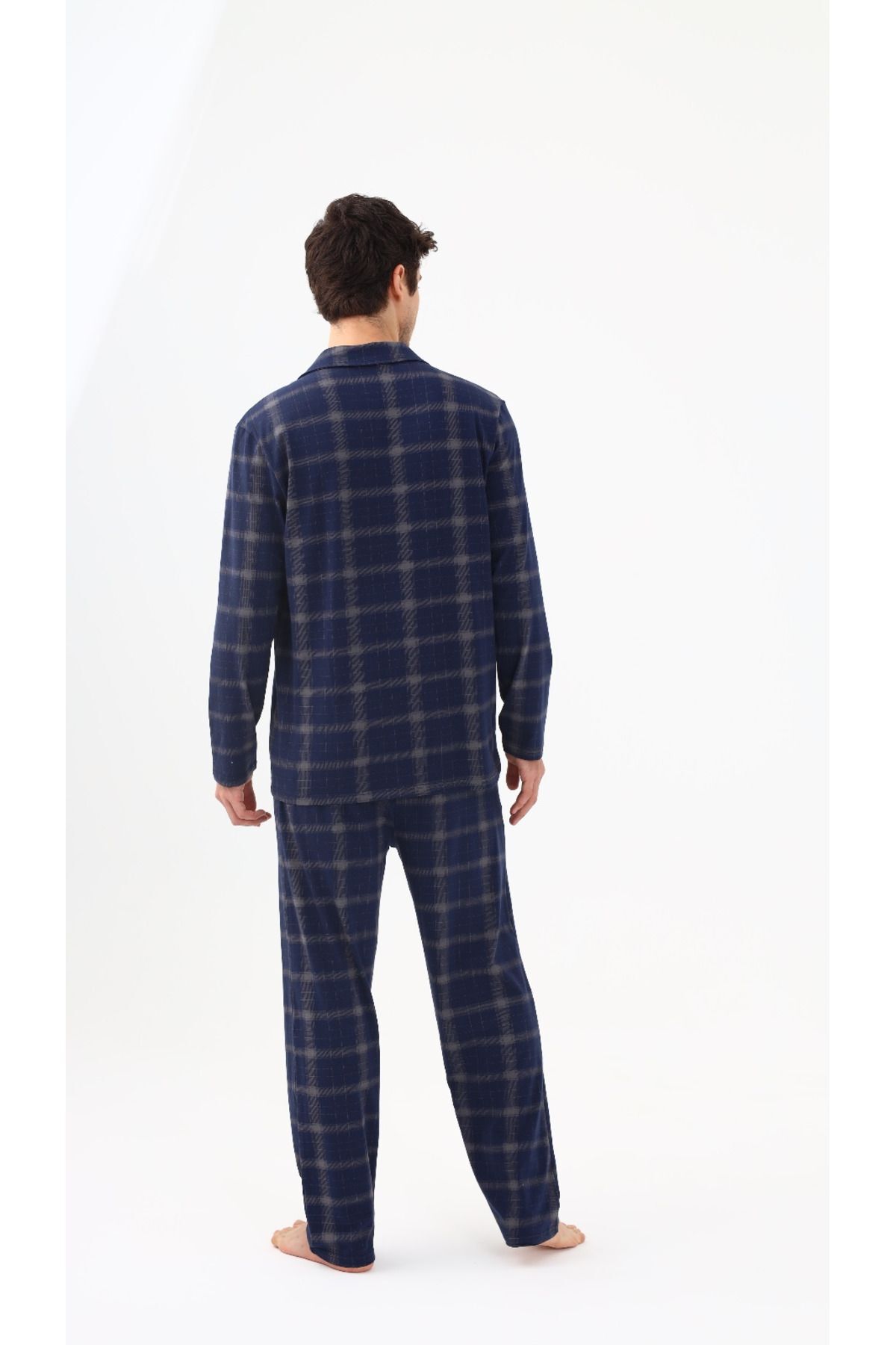 koza iç giyim  Erkek Pamuklu Mavi Ekose Desenli Uzun Kollu Cep Detaylı Gömlek Yaka Pijama Takımı - Görsel 3