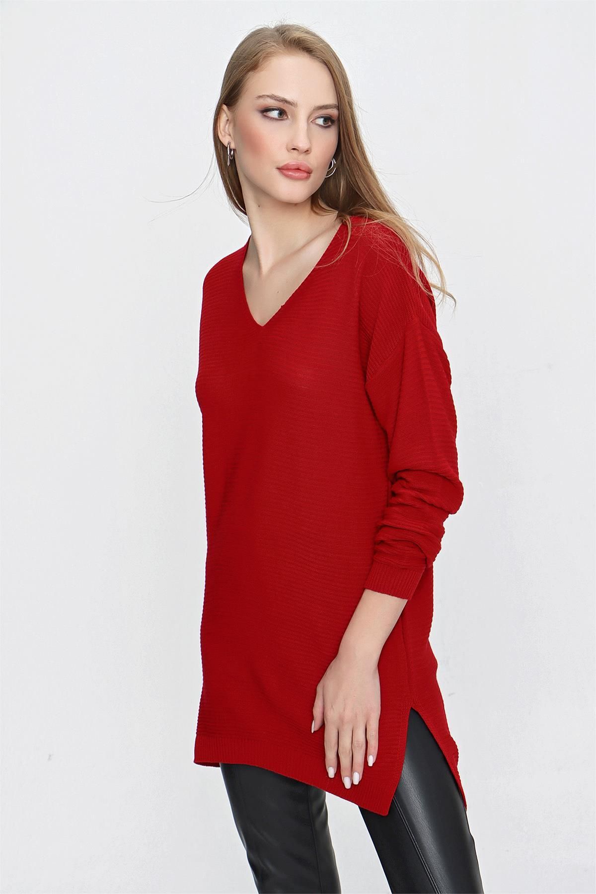 TENA-Women's Red V-Neck Casual Knitwear Sweater 2