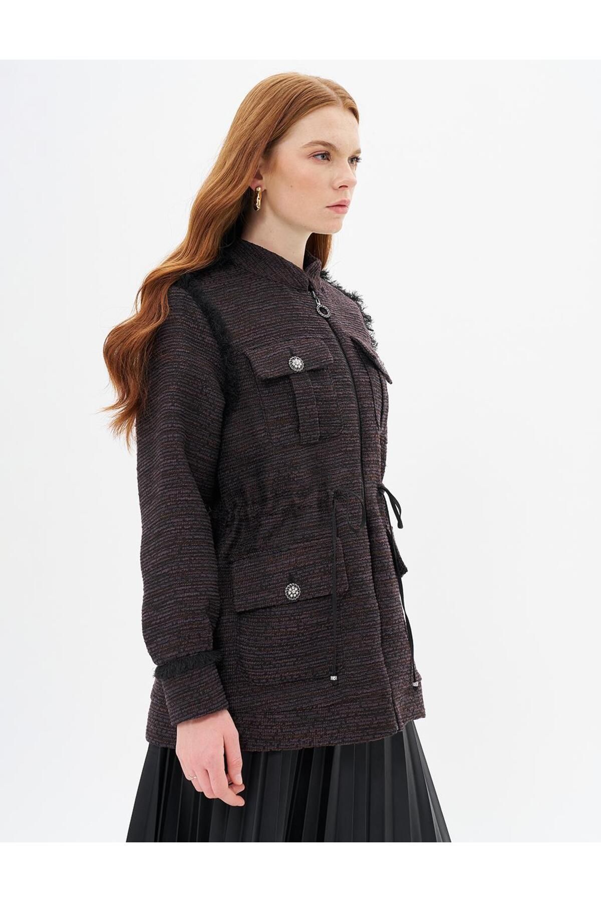 Kayra-Plum Color Button Detailed Tasseled Jacket 4