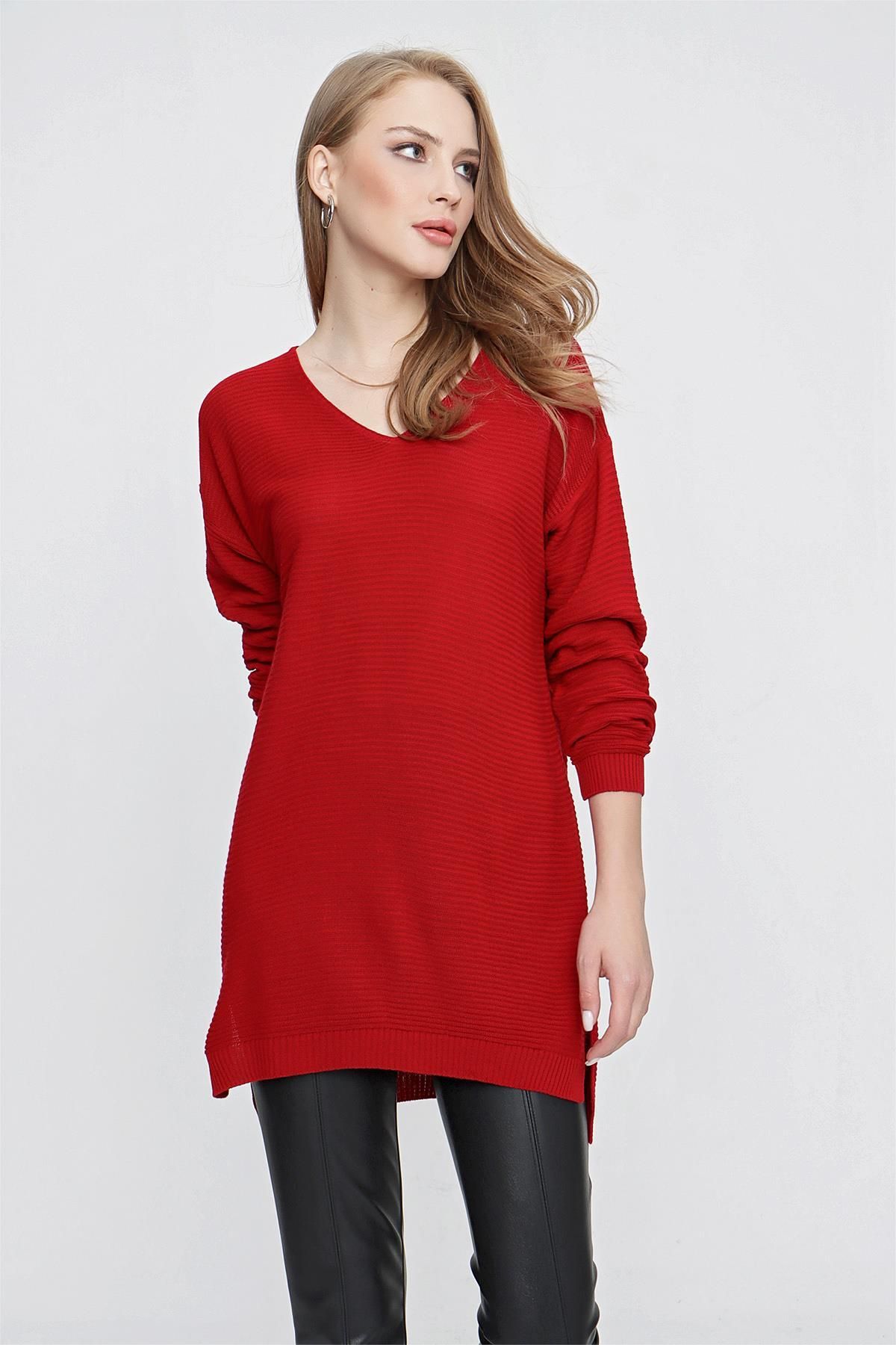 TENA-Women's Red V-Neck Casual Knitwear Sweater 3