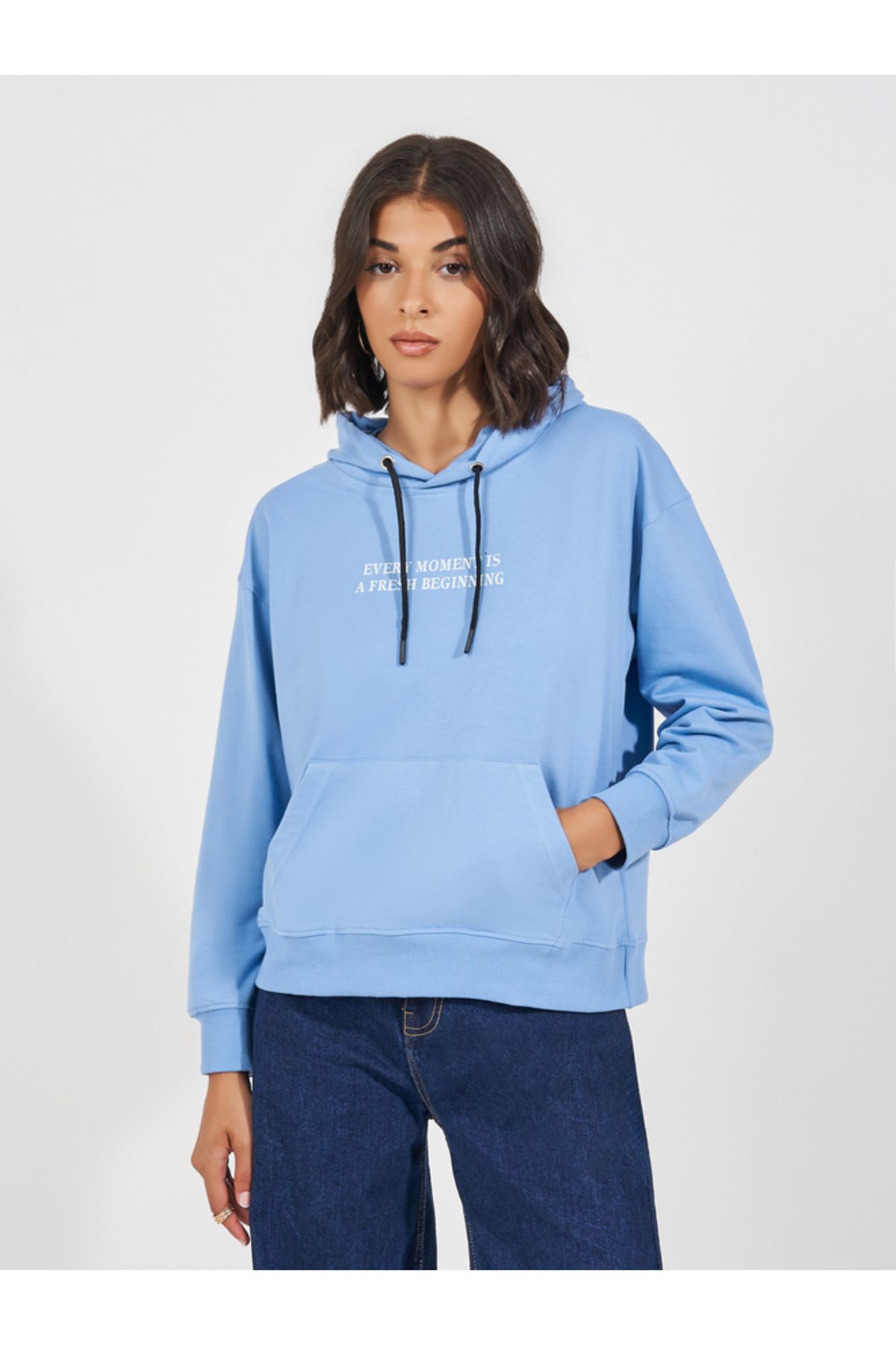 Styli-Oversized Regular Length Slogan Print Hoodie 1