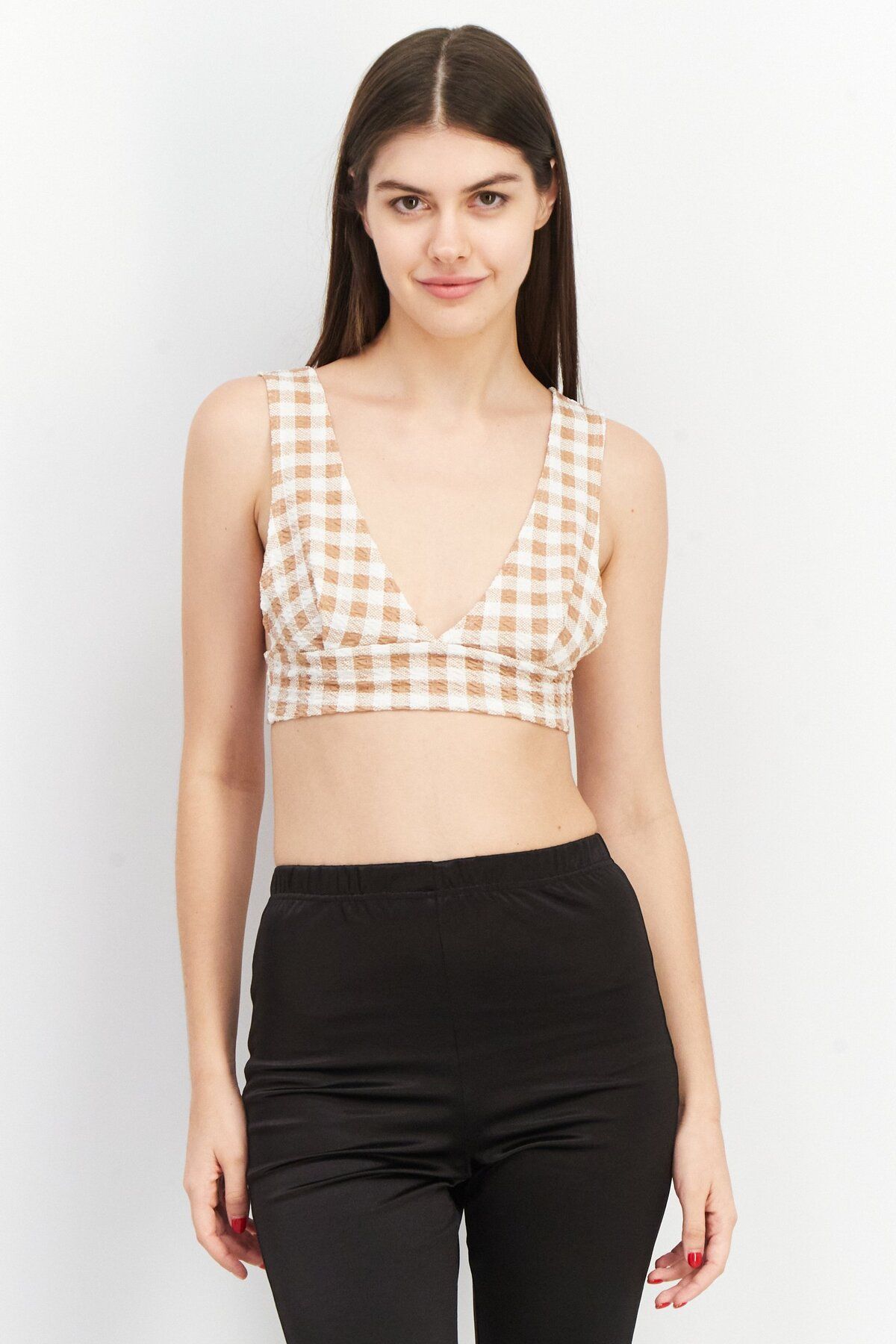 Asos Design-Women Plunging Neck Sleeveless Checkered Crop Top, Brown 1