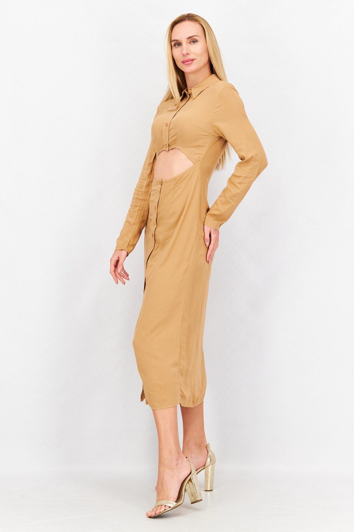 Asos Design-Women Long Sleeve Cut Out Midi Dress, Stone 2
