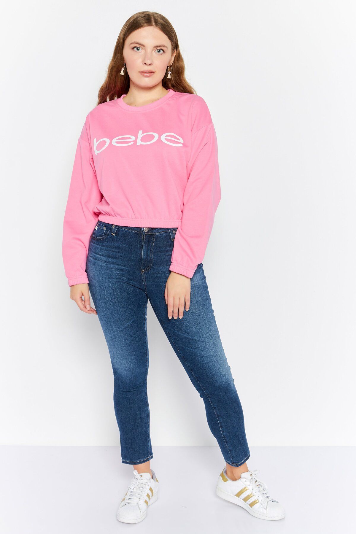 Bebe-Women Round Neck Brand Logo Crop Sweatshirts, Pink 3