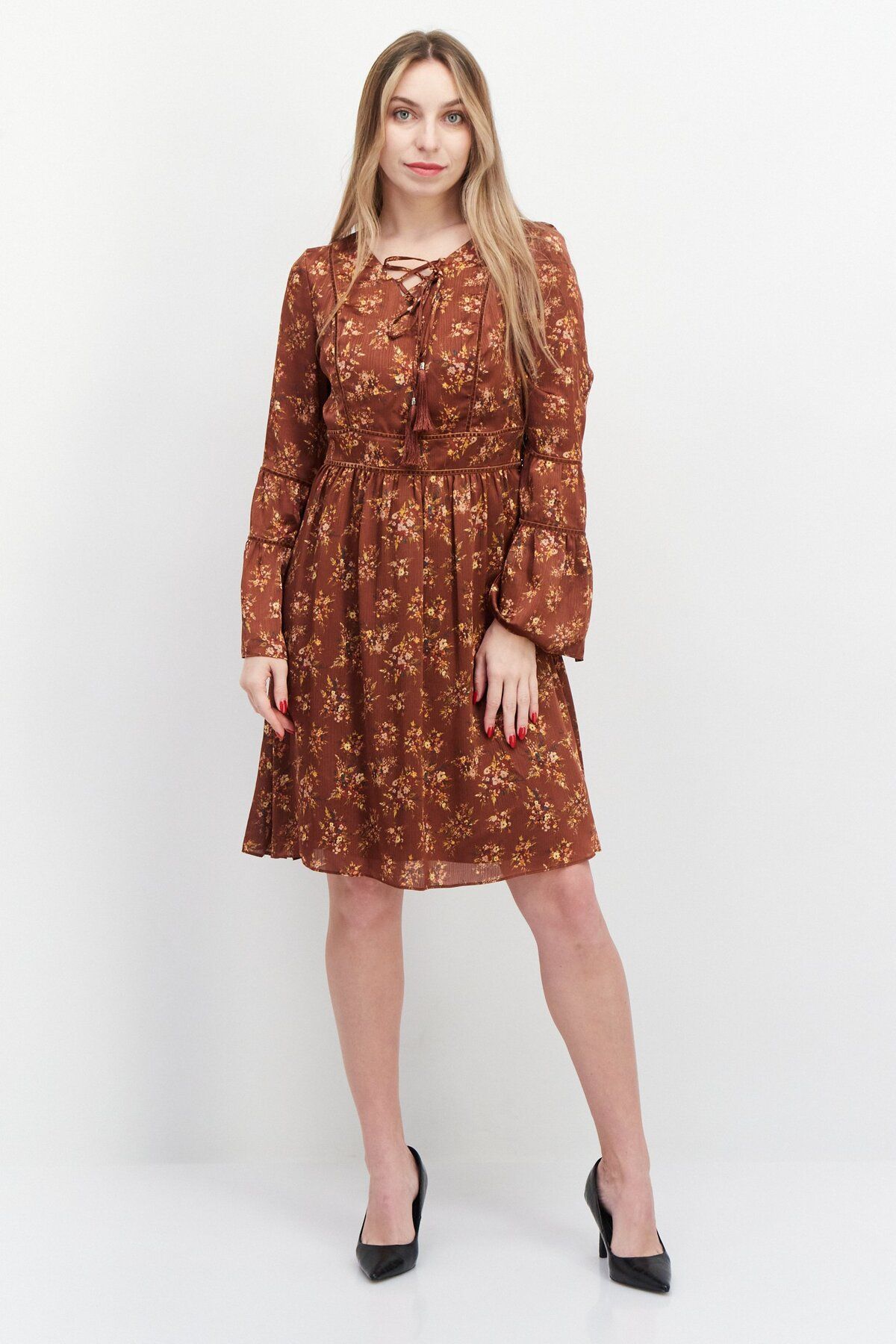 Vero Moda-Women Floral Print Mini Dress, Brown Combo 3