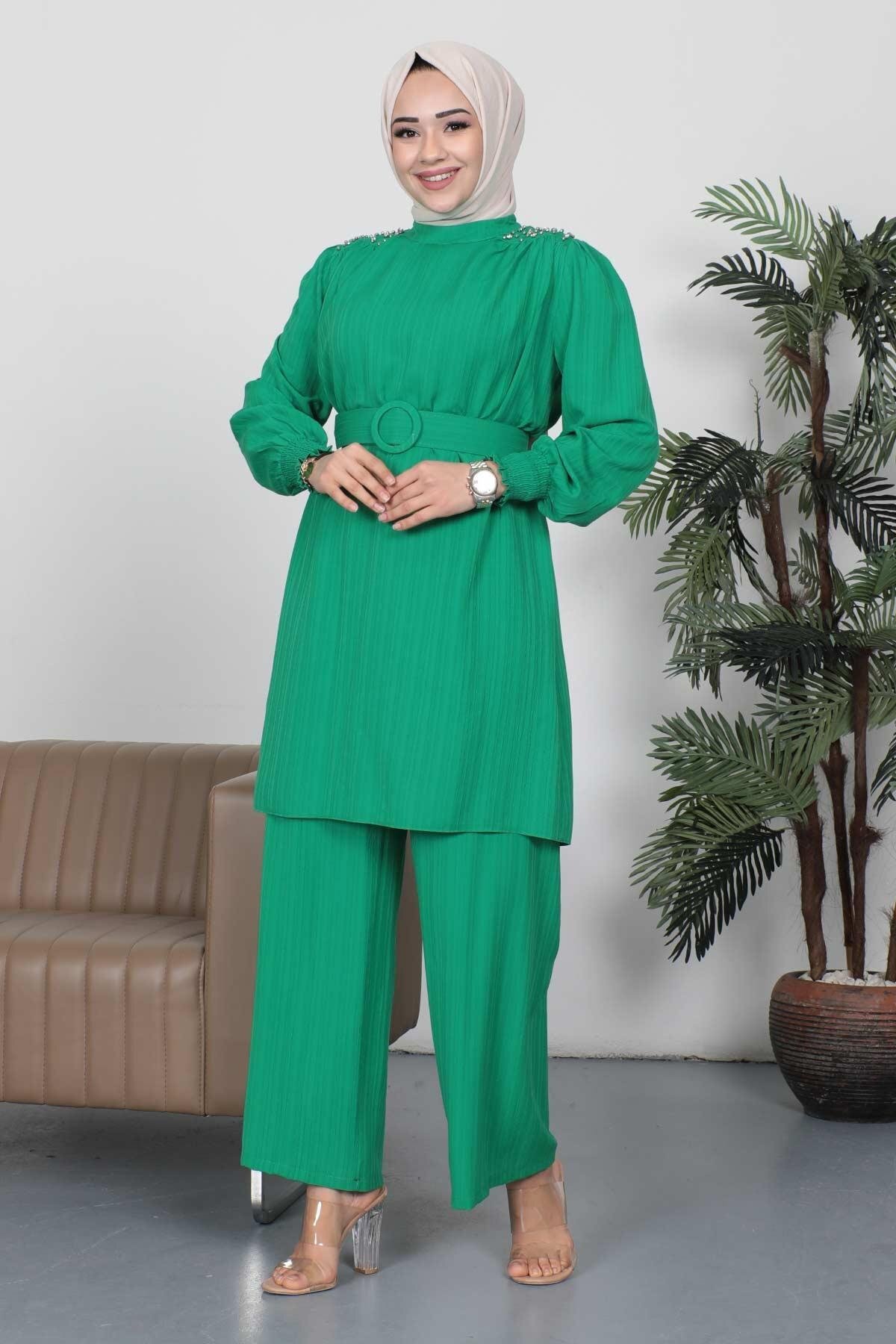 Modamihram-Stone Detailed Belt Suit Green 19112 3