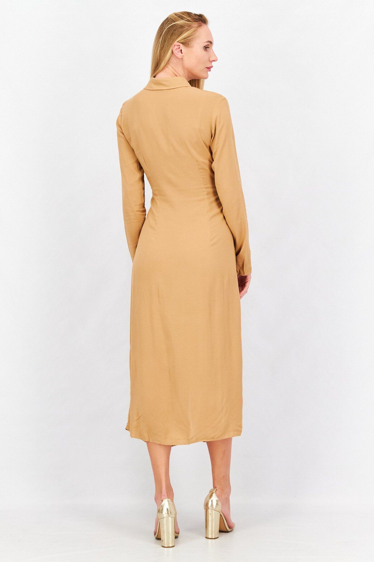 Asos Design-Women Long Sleeve Cut Out Midi Dress, Stone 3