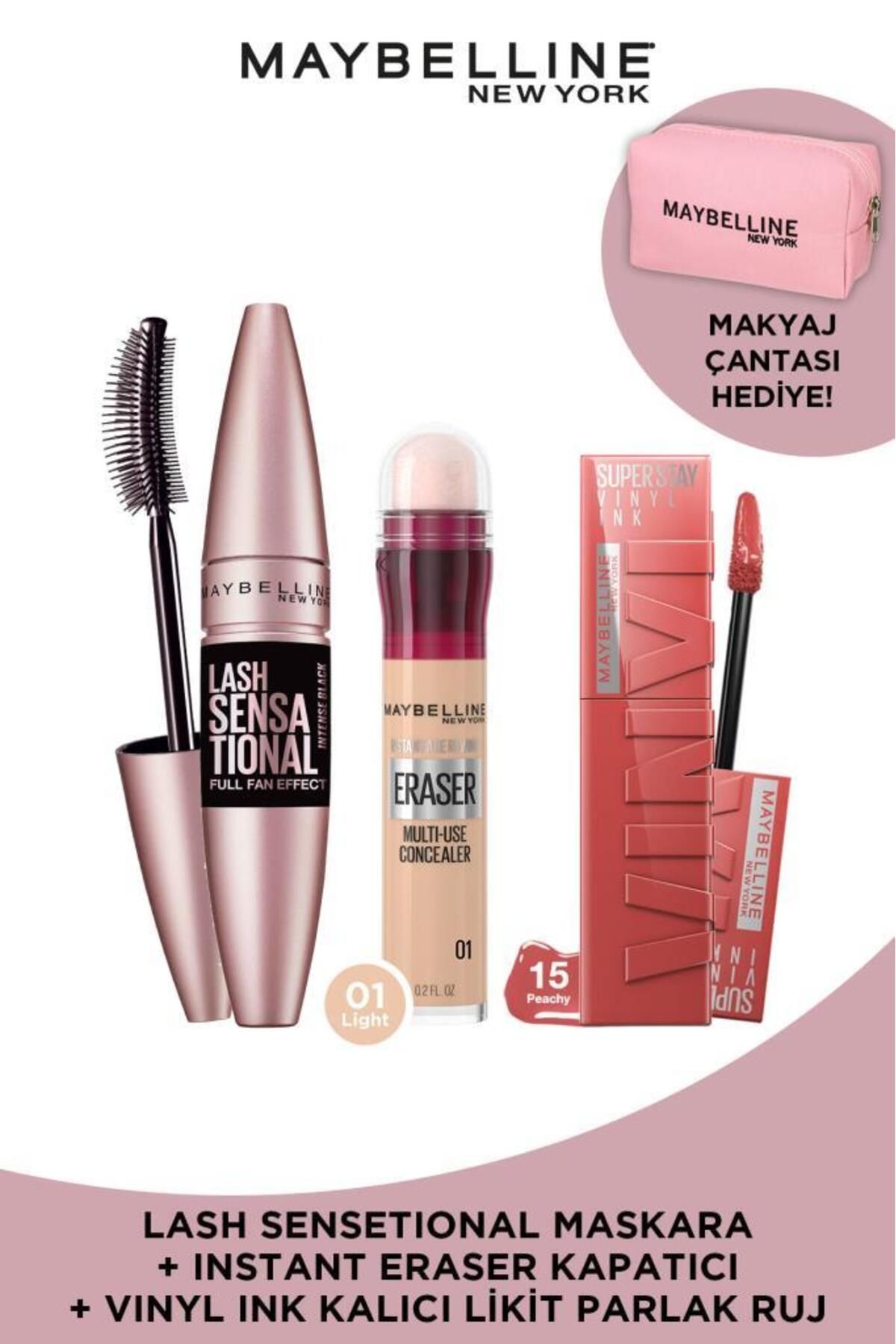 Lash Sensational Ekstra Siyah Maskara&Instant Age Eraser Kapatıcı 01&Vinyl Ink 15 Ruj Çanta Hediyeli