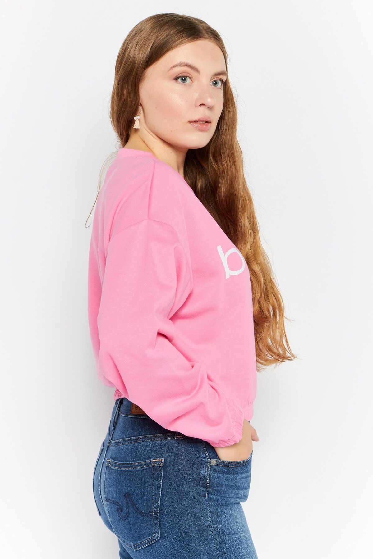 Bebe-Women Round Neck Brand Logo Crop Sweatshirts, Pink 2