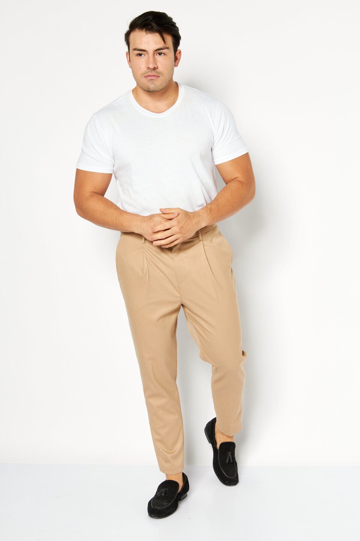 Asos Design-Men Tapered Fit Plain Dress Pants, Tan 2