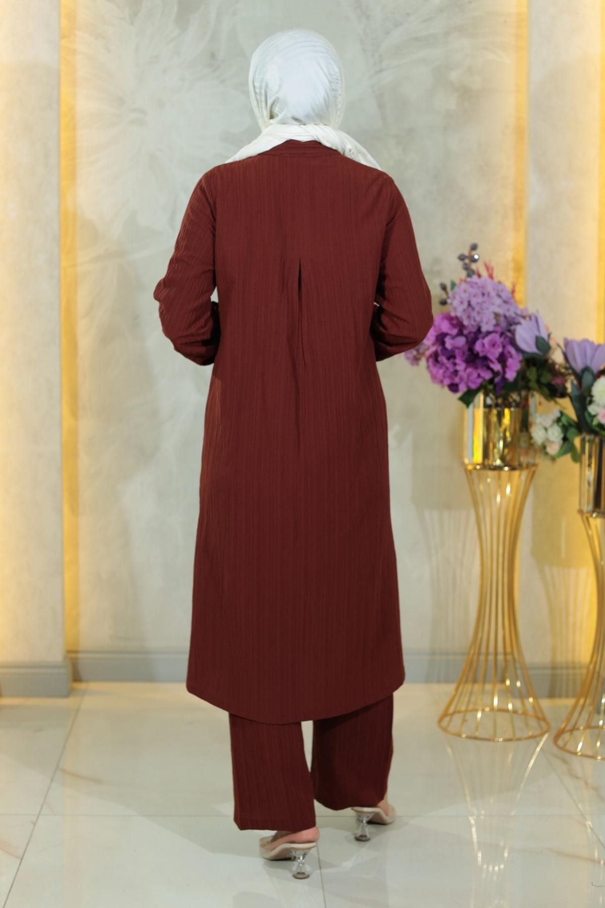 Modamihram-Buttoned Double Suit Brown 19179 4