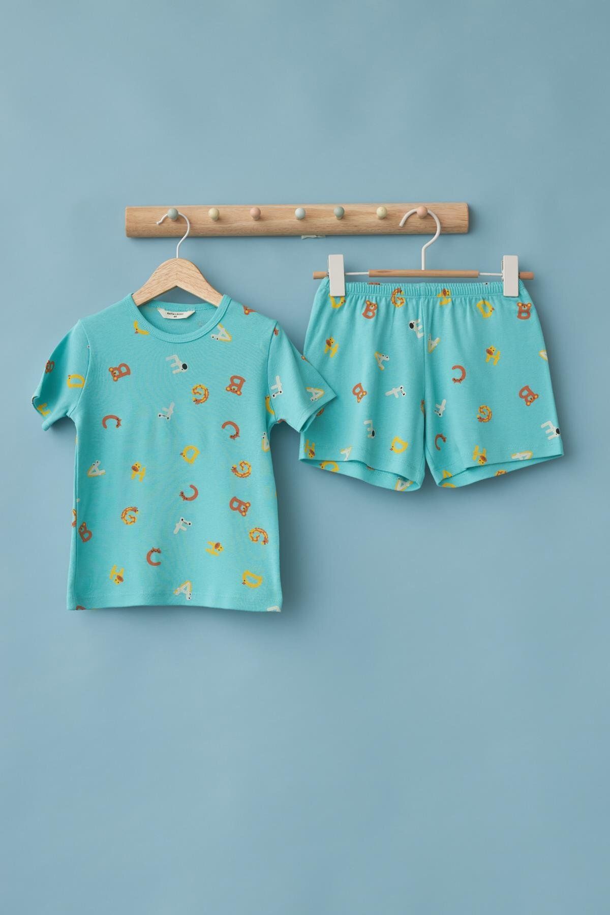 Katia&Bony-Turquoise Alphabet Patterned Children's Pajama Set 1