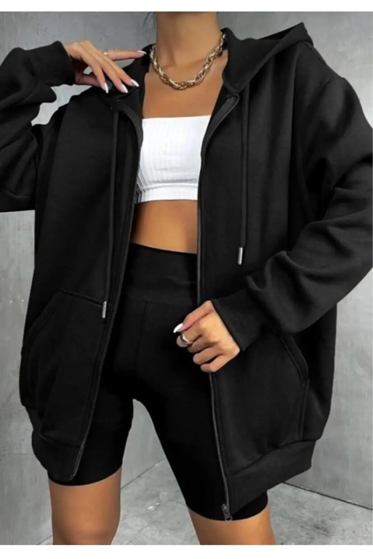 ALCİNOUS Unisex Kapüşonlu Fermuarlı Oversize SİYAH-GRİ 2'Lİ CEKET TAKIM görsel 3