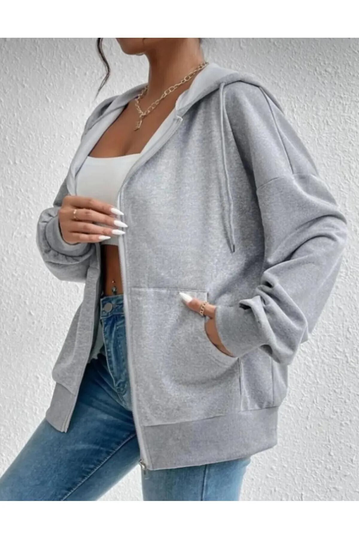 ALCİNOUS Unisex Kapüşonlu Fermuarlı Oversize SİYAH-GRİ 2'Lİ CEKET TAKIM görsel 6