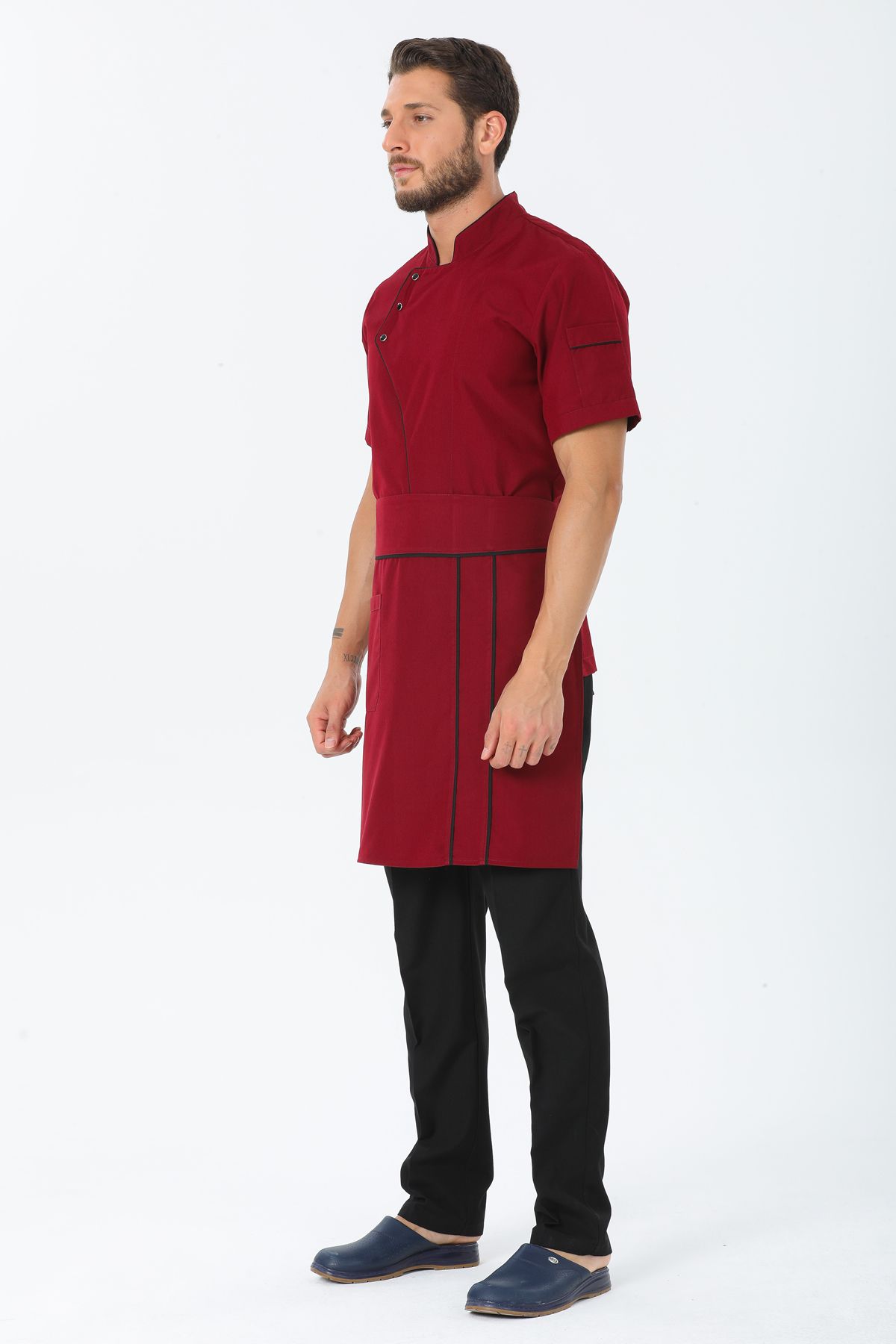 TIPTEKS-Comfort Men's Burgundy Cook Jacket, Waist Apron and Cap - Black Piping and Black Cook Pants Set of Four 6