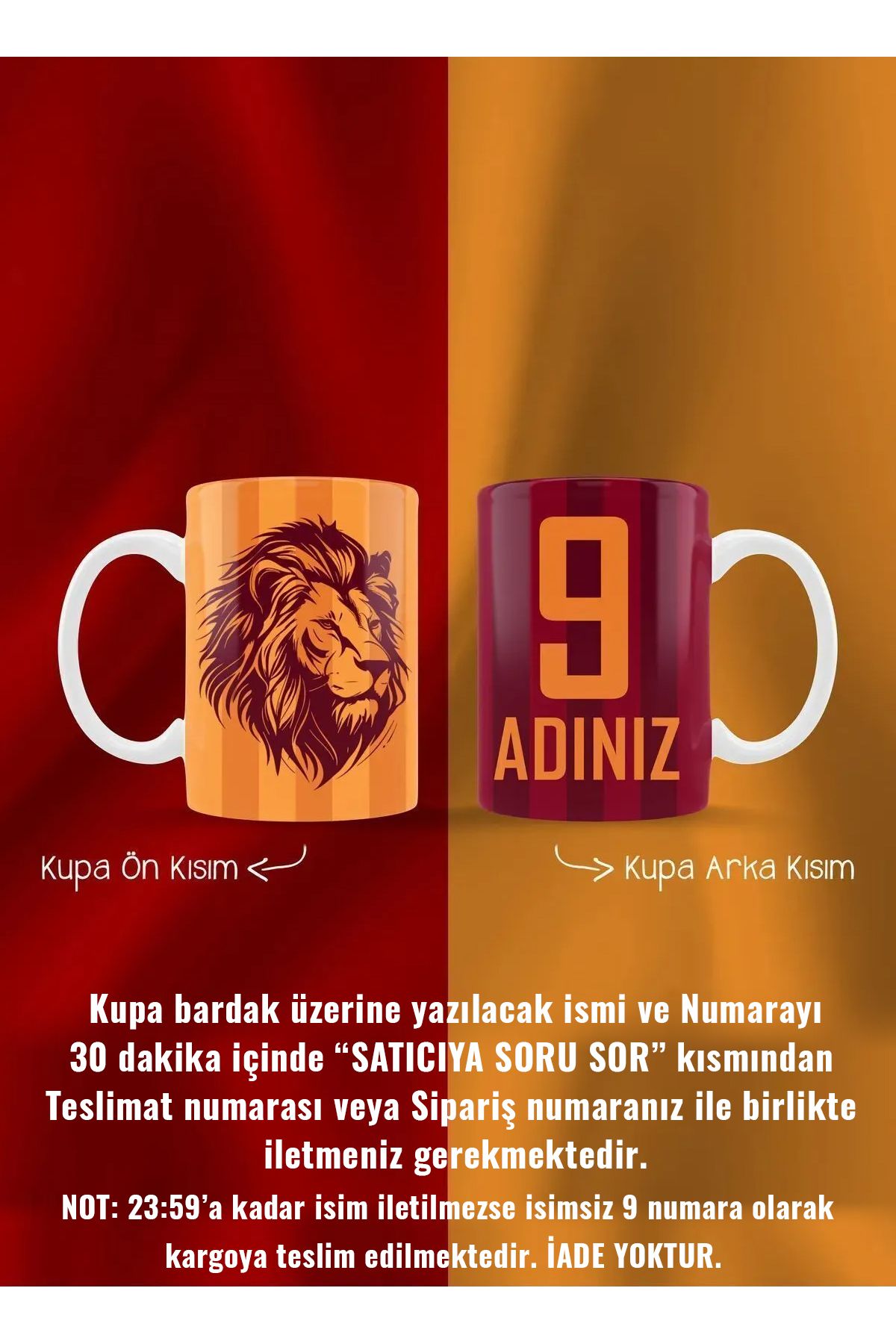 PembeCadde Porselen Sarı Kırmızı Aslan Kupa Kişiye Özel Taraftar Baskılı Hediye Kupa Kahve Bardak Mug