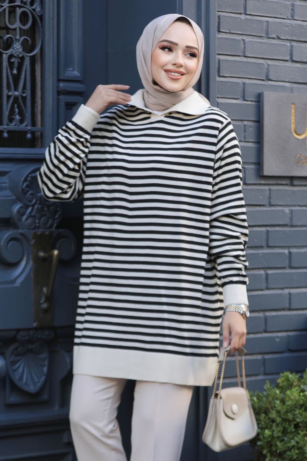 Neva Style-Striped Black Hijab Knitwear Tunic Sweater 65904S 3