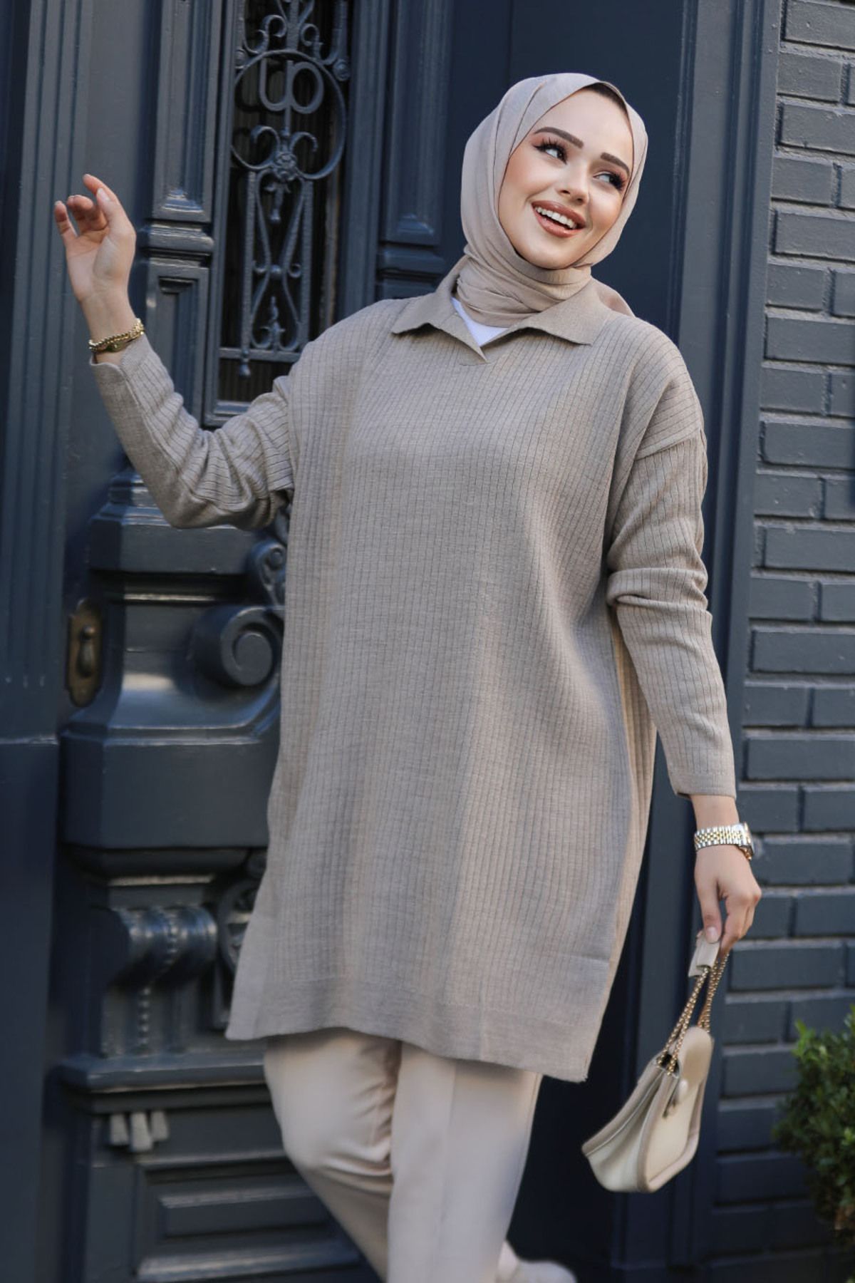 Neva Style-Ribbed Mink Knitwear Tunic Sweater - 65903V 1