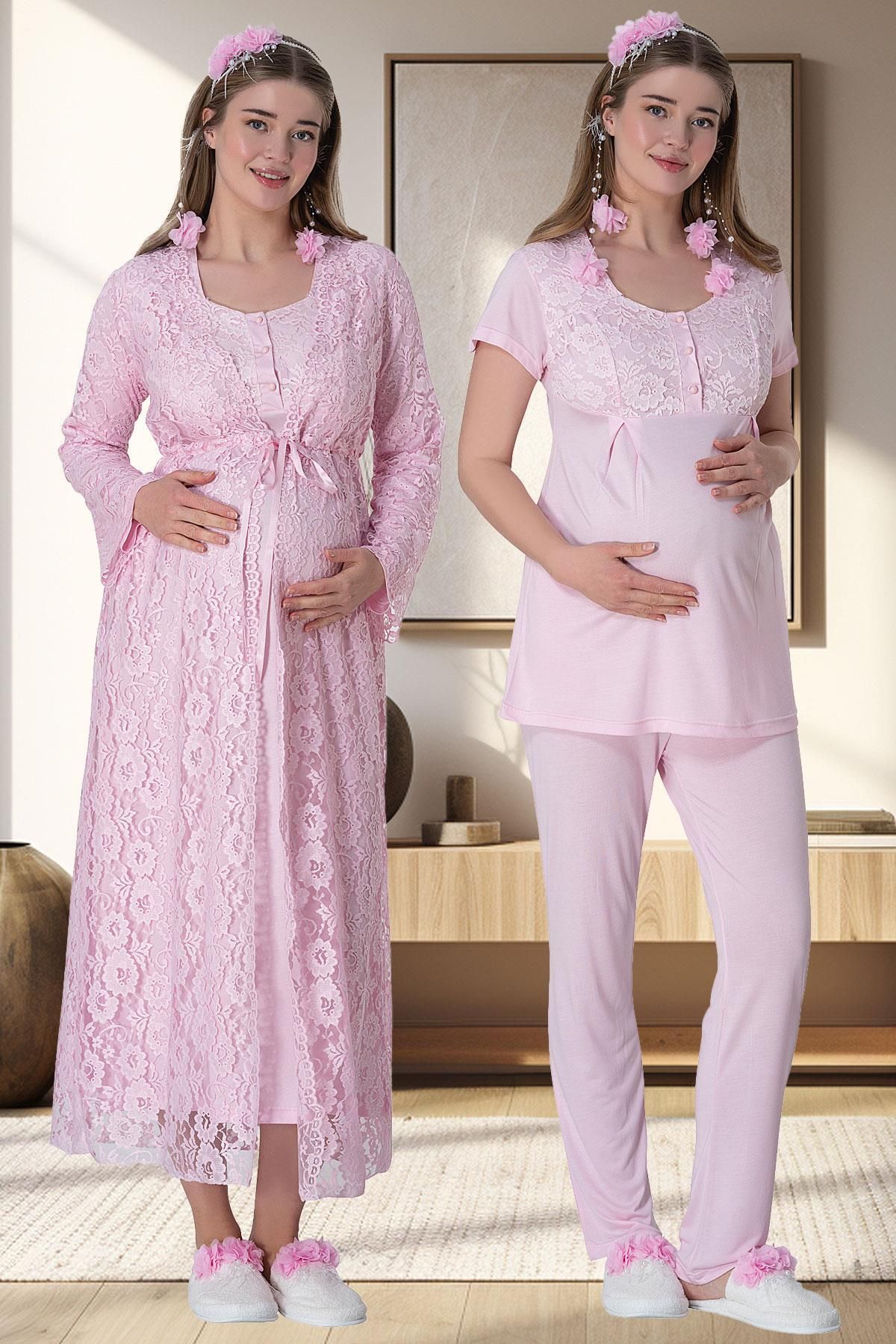 EM&FA TEKSTİL 6060 Pembe Dantel Sabahlıklı Gecelik Pijama Lohusa Set